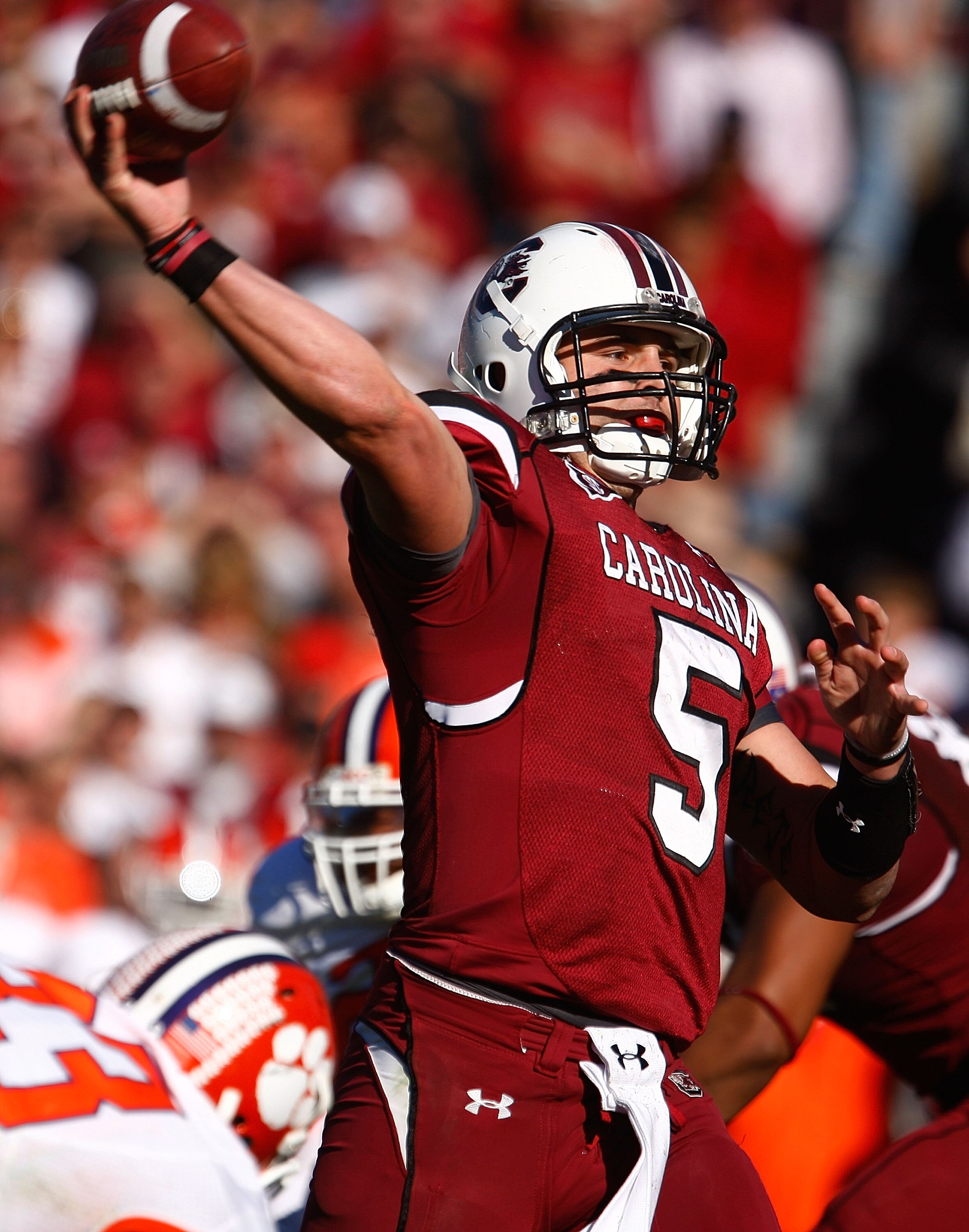 COLUMBIA, SC - NOVEMBER 28:  Stephen Garcia #5 of the South Carolina Gamecocks drops back to pass against the Clemson Tigers at Williams-Brice Stadium on November 28, 2009 in Columbia, South Carolina.  (Photo by Scott Halleran/Getty Images)