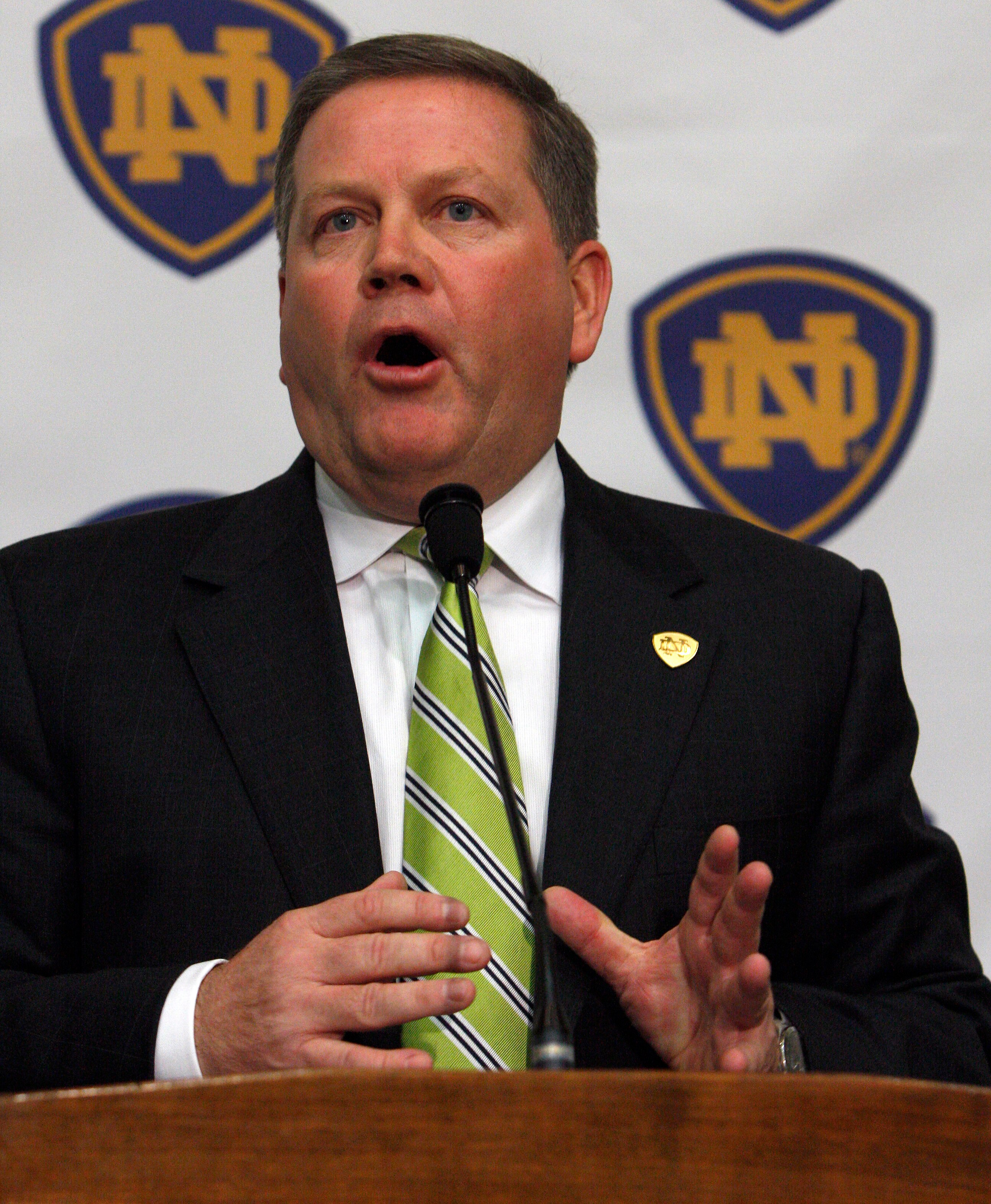 SOUTH BEND, IN - DECEMBER 11: Brian Kelly attends a press conference where he was named new football head coach at Notre Dame University on December 11, 2009 in South Bend, Indiana.  Kelly most recently led the University of Cincinnati to two consecutive