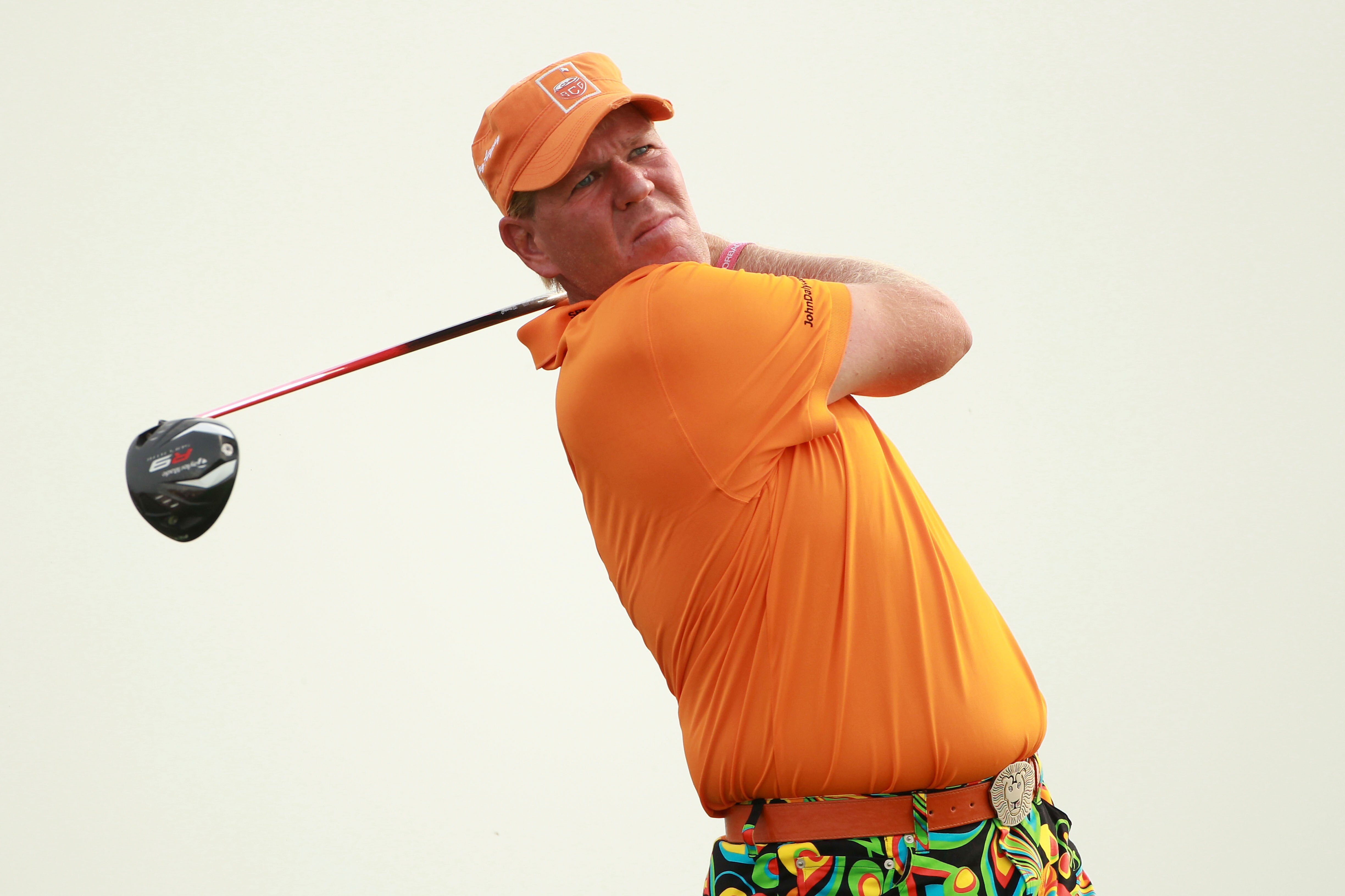 KOHLER, WI - AUGUST 10: John Daly hits a tee shot during a practice round prior to the start of the 92nd PGA Championship on the Straits Course at Whistling Straits on August 10, 2010 in Kohler, Wisconsin.  (Photo by Andrew Redington/Getty Images)