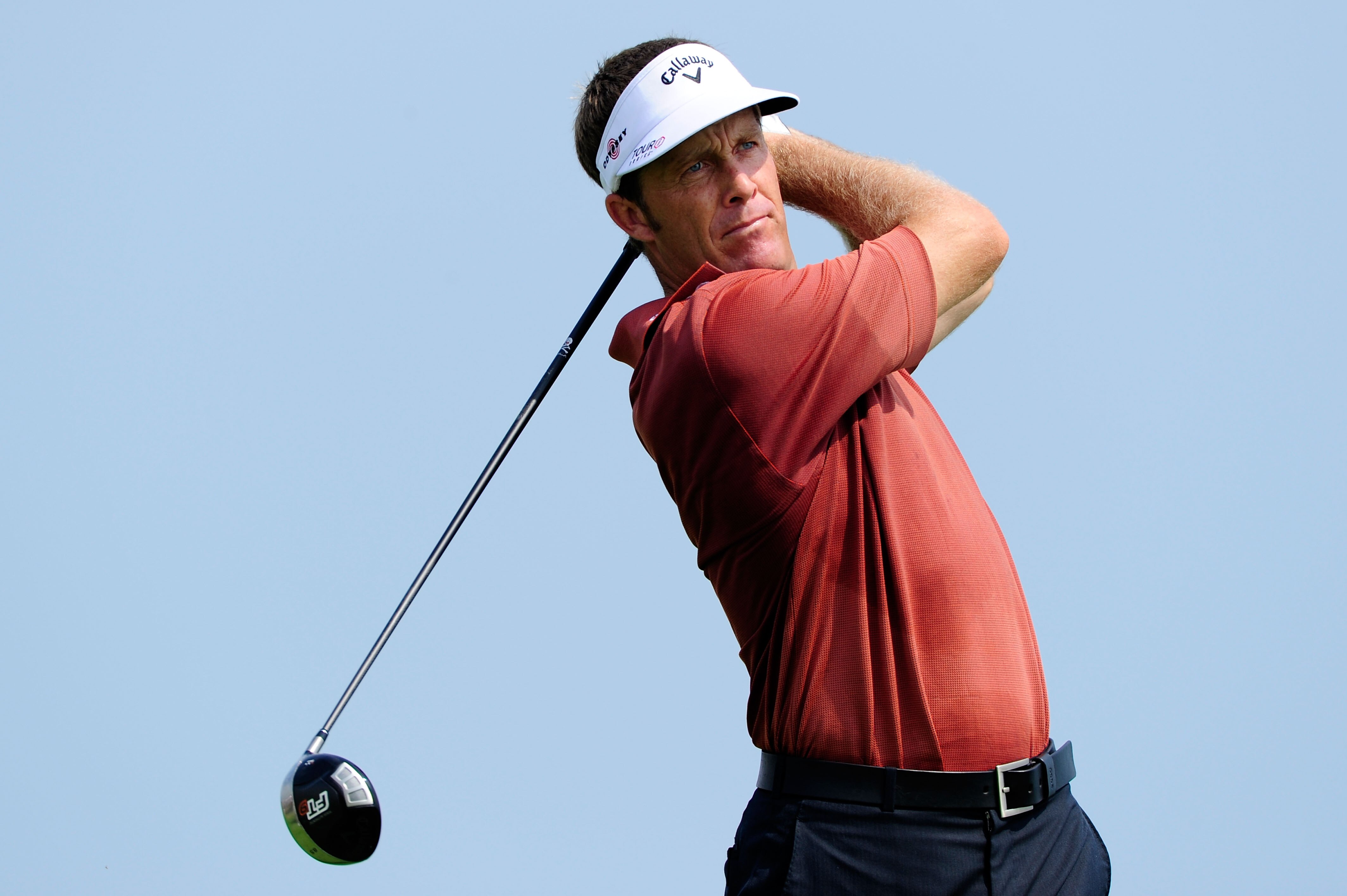 KOHLER, WI - AUGUST 10:  Stuart Appleby of Australia hits a tee shot during a practice round prior to the start of the 92nd PGA Championship on the Straits Course at Whistling Straits on August 10, 2010 in Kohler, Wisconsin.  (Photo by Stuart Franklin/Get