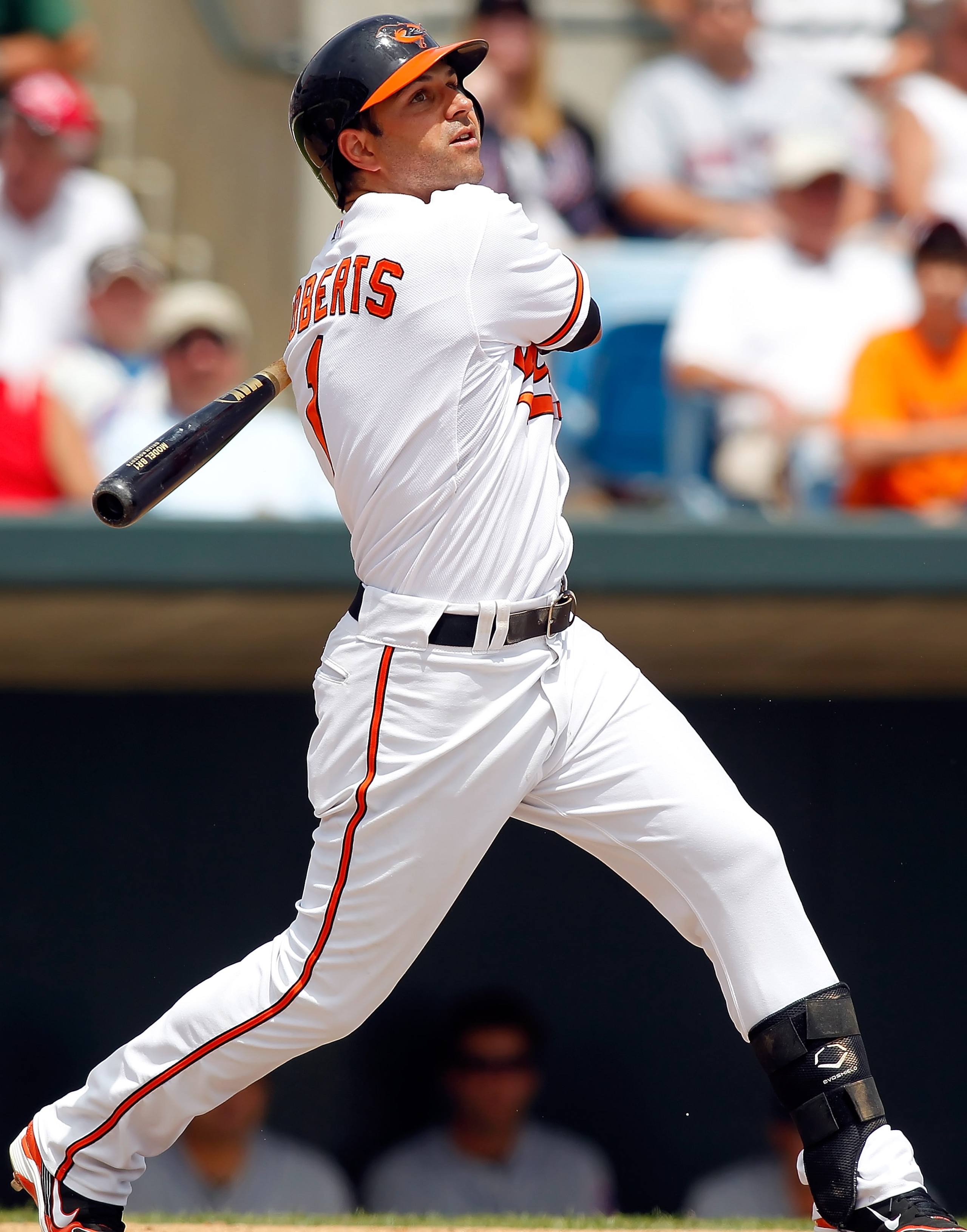 SARASOTA, FL - APRIL 03:  Infielder Brian Roberts #1 of the Baltimore Orioles fouls off a pitch against the New York Mets during a Grapefruit League Spring Training Game at Ed Smith Stadium on April 3, 2010 in Sarasota, Florida.  (Photo by J. Meric/Getty 