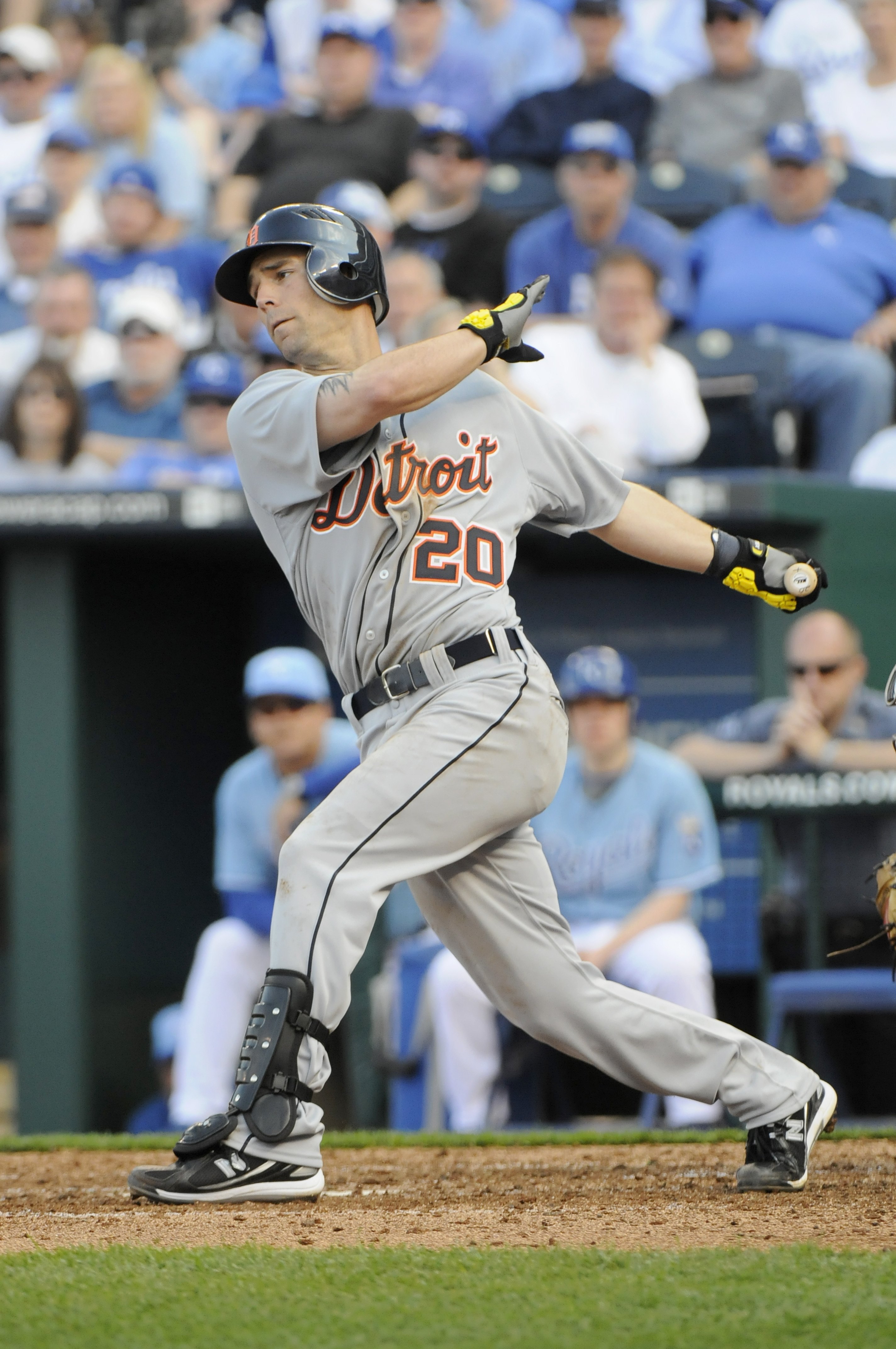KANSAS CITY, MO - APRIL 05:  Scott Sizemore #20 of the Detroit Tigers swings at the pitch during the season opener against the Kansas City Royals on April 5, 2010 at Kauffman Stadium in Kansas City, Missouri. (Photo by G. Newman Lowrance/Getty Images)