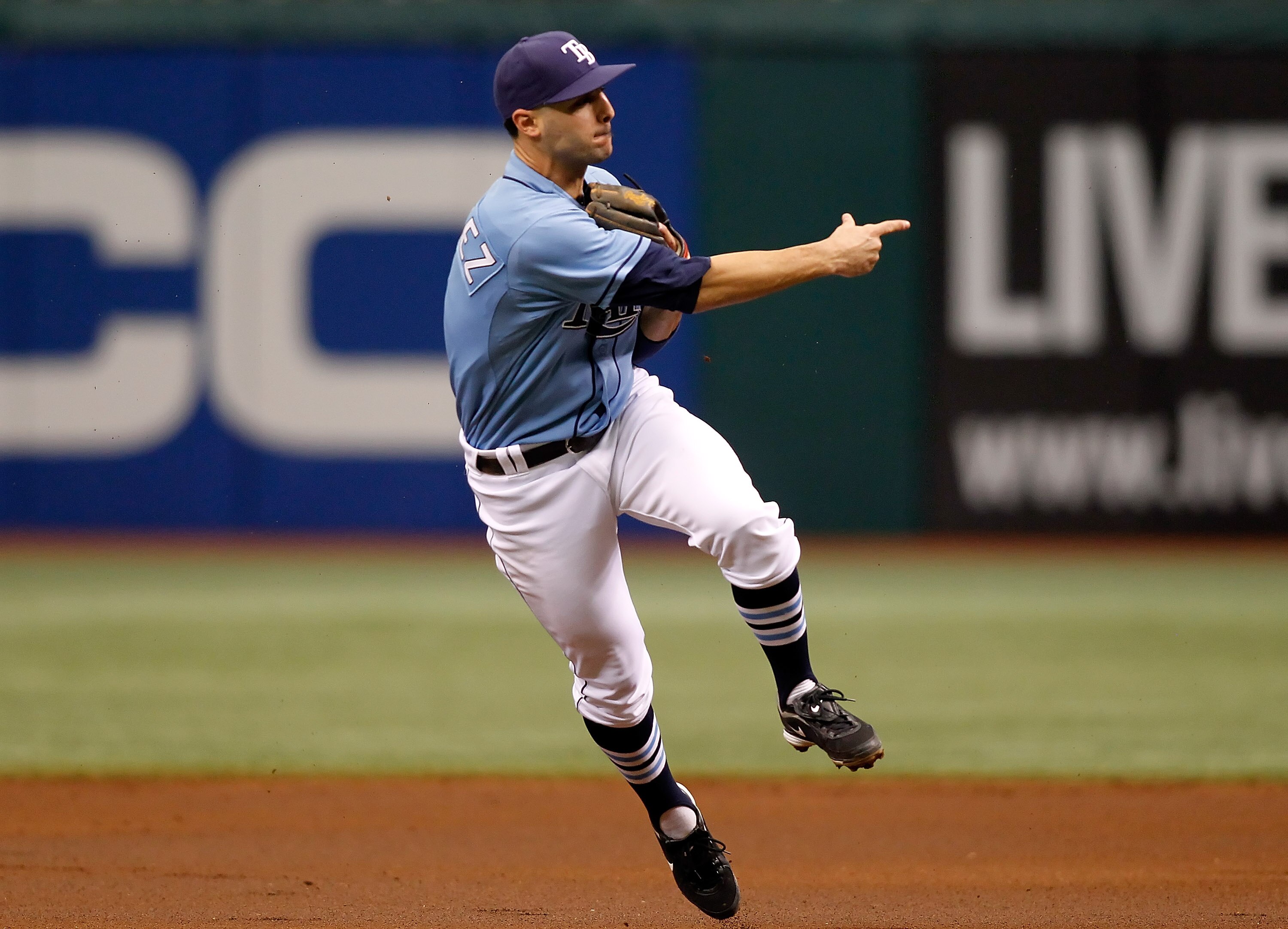 ST. PETERSBURG - JUNE 27:  Infielder Sean Rodriguez #1 of the Tampa Bay Rays throws to first base for an out against the Arizona Diamondbacks during the game at Tropicana Field on June 27, 2010 in St. Petersburg, Florida.  (Photo by J. Meric/Getty Images)