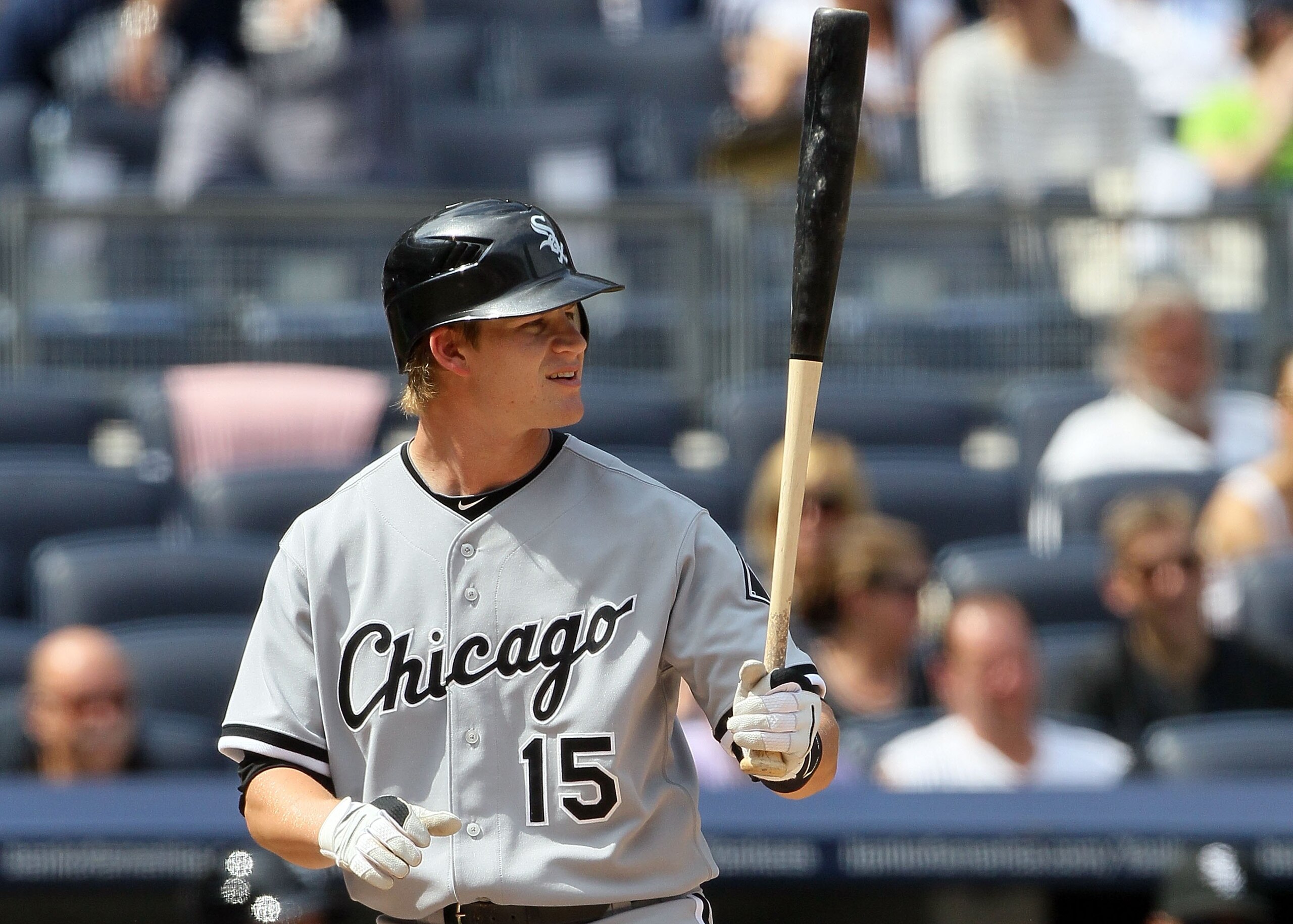 NEW YORK - MAY 02:  Gordon Beckham #15 of the Chicago White Sox bats against the New York Yankees on May 2, 2010 at Yankee Stadium in the Bronx borough of New York City. The Yankees defeated the White Sox 12-3.  (Photo by Jim McIsaac/Getty Images)