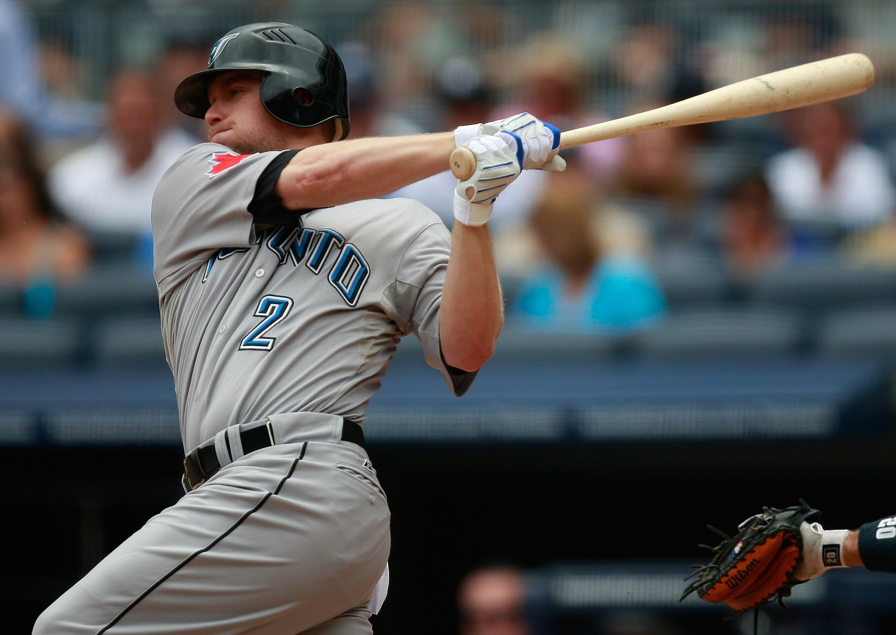NEW YORK - AUGUST 10:  Aaron Hill #2 of the Toronto Blue Jays at bat during the game against the New York Yankees on August 12, 2009 at Yankee Stadium in the Bronx Borough of New York City. (Photo by Jared Wickerham/Getty Images)