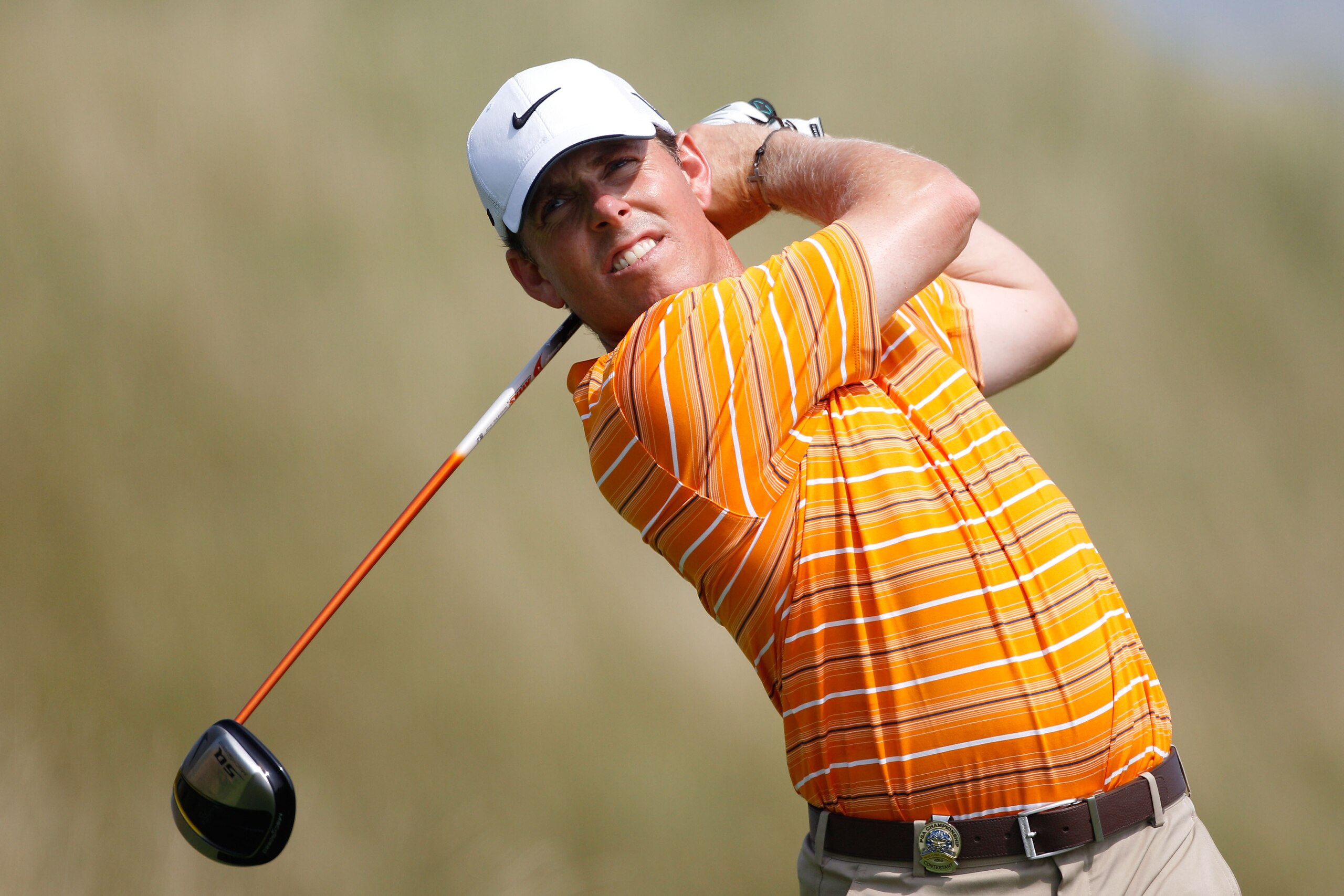KOHLER, WI - AUGUST 12:  Justin Leonard watches his tee shot on the 14th hole during the first round of the 92nd PGA Championship on the Straits Course at Whistling Straits on August 12, 2010 in Kohler, Wisconsin.  (Photo by Chris Graythen/Getty Images)