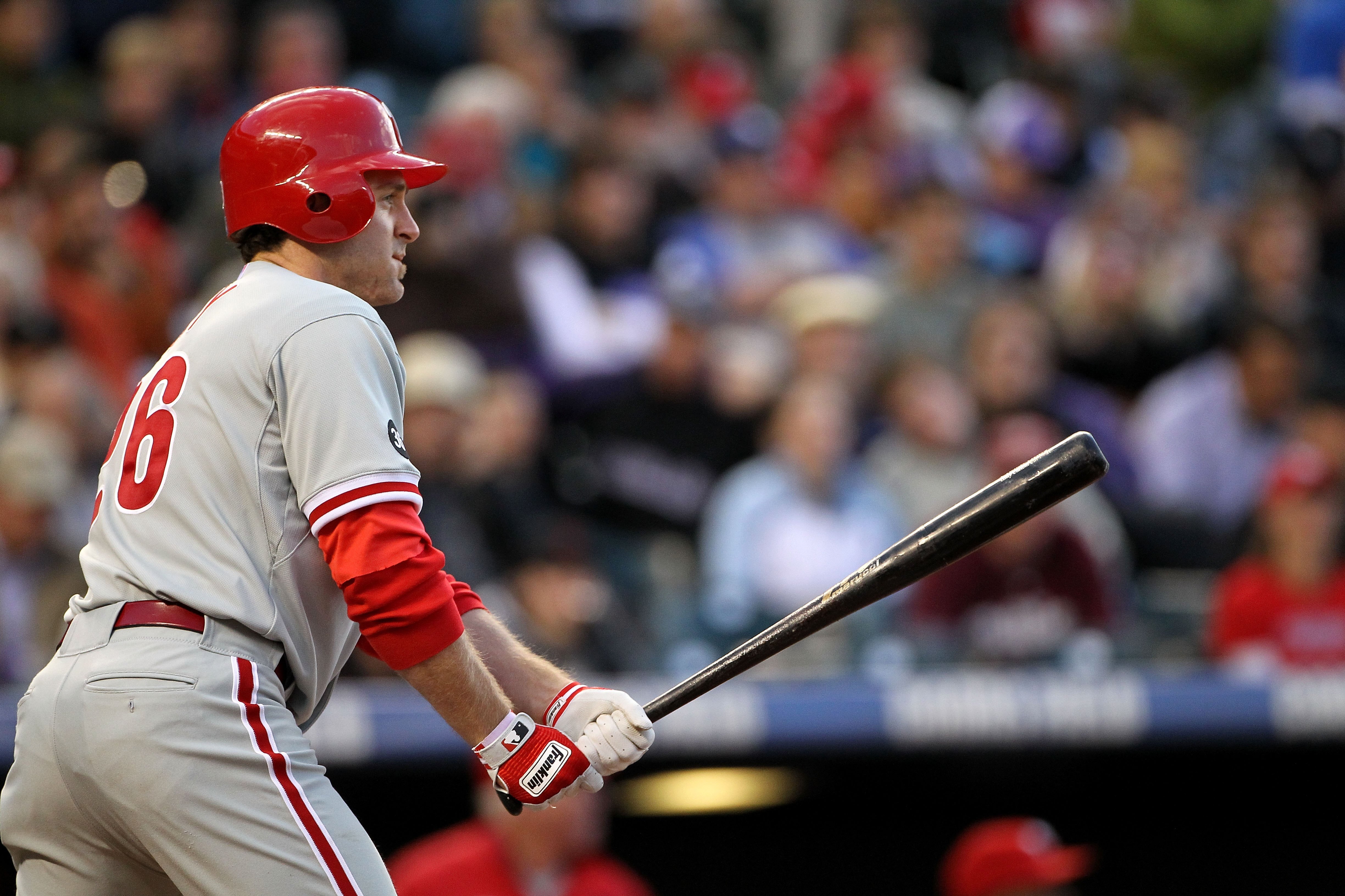 DENVER - MAY 10:  Second baseman Chase Utley #26 of the Philadelphia Phillies takes an at bat against the Colorado Rockies at Coors Field on May 10, 2010 in Denver, Colorado. The Phillies defeated the Rockies 9-5.  (Photo by Doug Pensinger/Getty Images)
