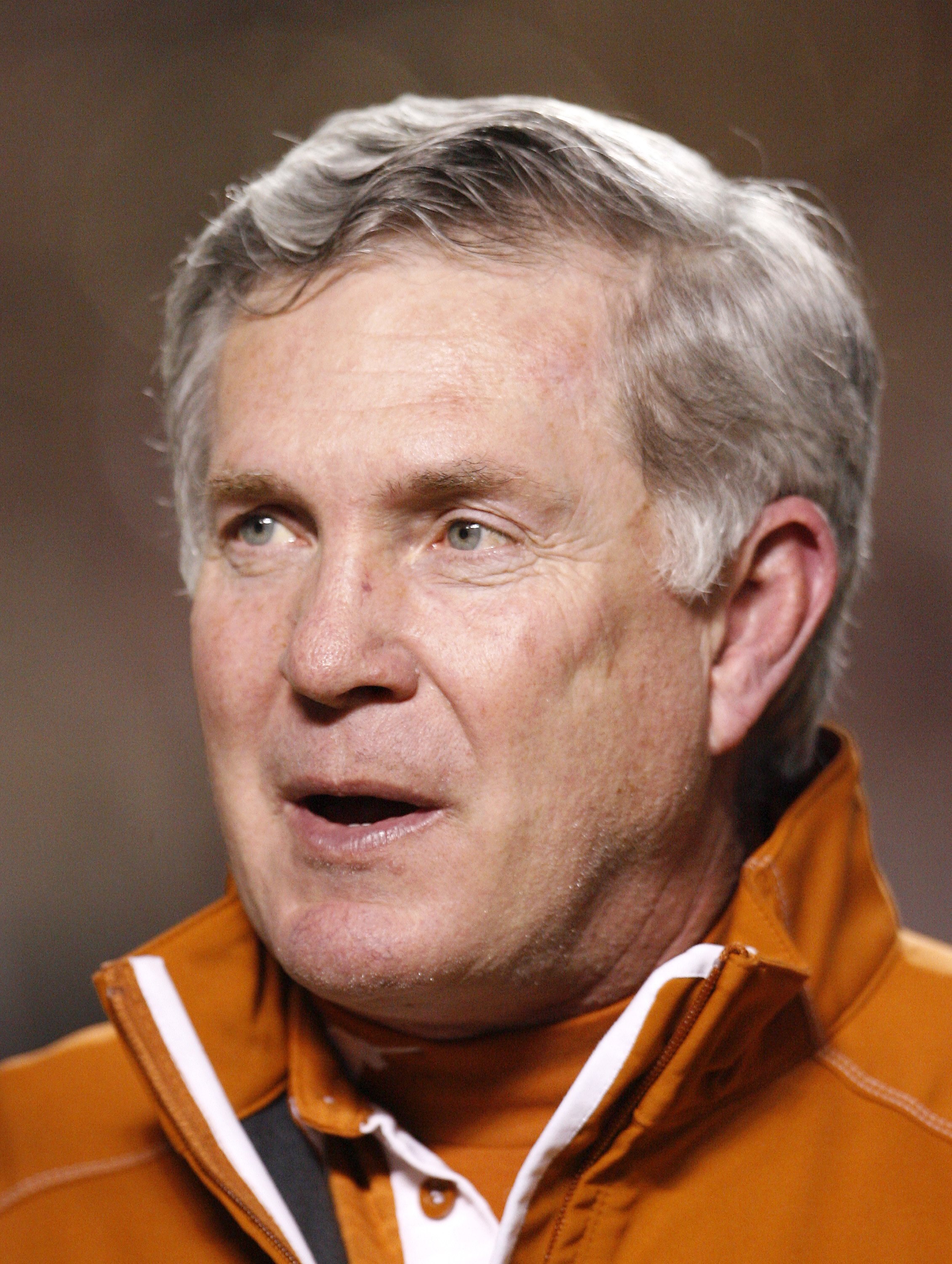 COLLEGE STATION, TX - NOVEMBER 26:  Head coach Mack Brown of the Texas Longhorns looks on prior heir game against the Texas A&M Aggies at Kyle Field on November 26, 2009 in College Station, Texas. The Longhorns defeated the Aggies 49-39. (Photo by Aaron M