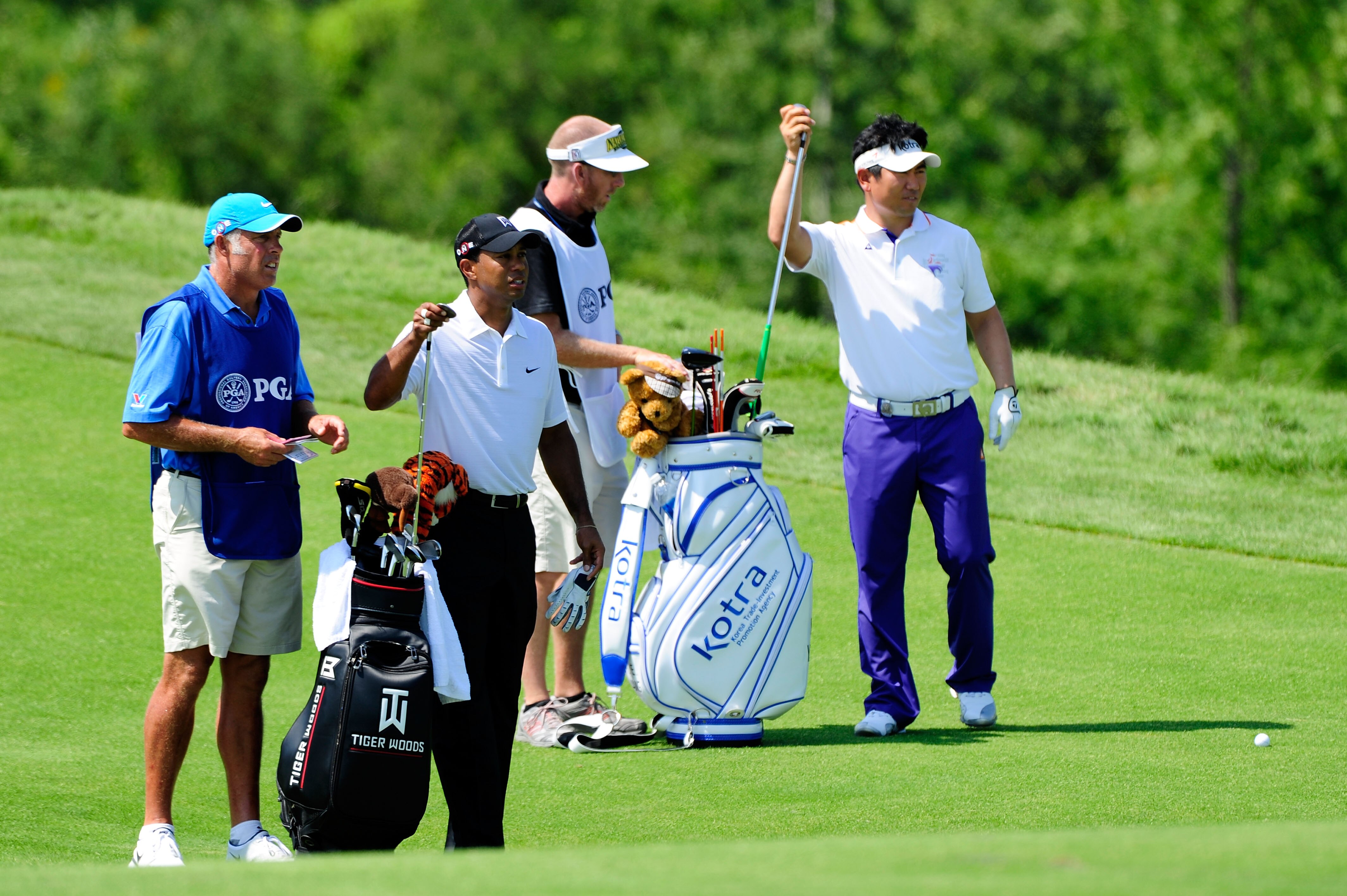 KOHLER, WI - AUGUST 12:  Tiger Woods (L) and Y.E. Yang of South Korea pull clubs on the 11th hole during the first round of the 92nd PGA Championship on the Straits Course at Whistling Straits on August 12, 2010 in Kohler, Wisconsin.  (Photo by Stuart Fra
