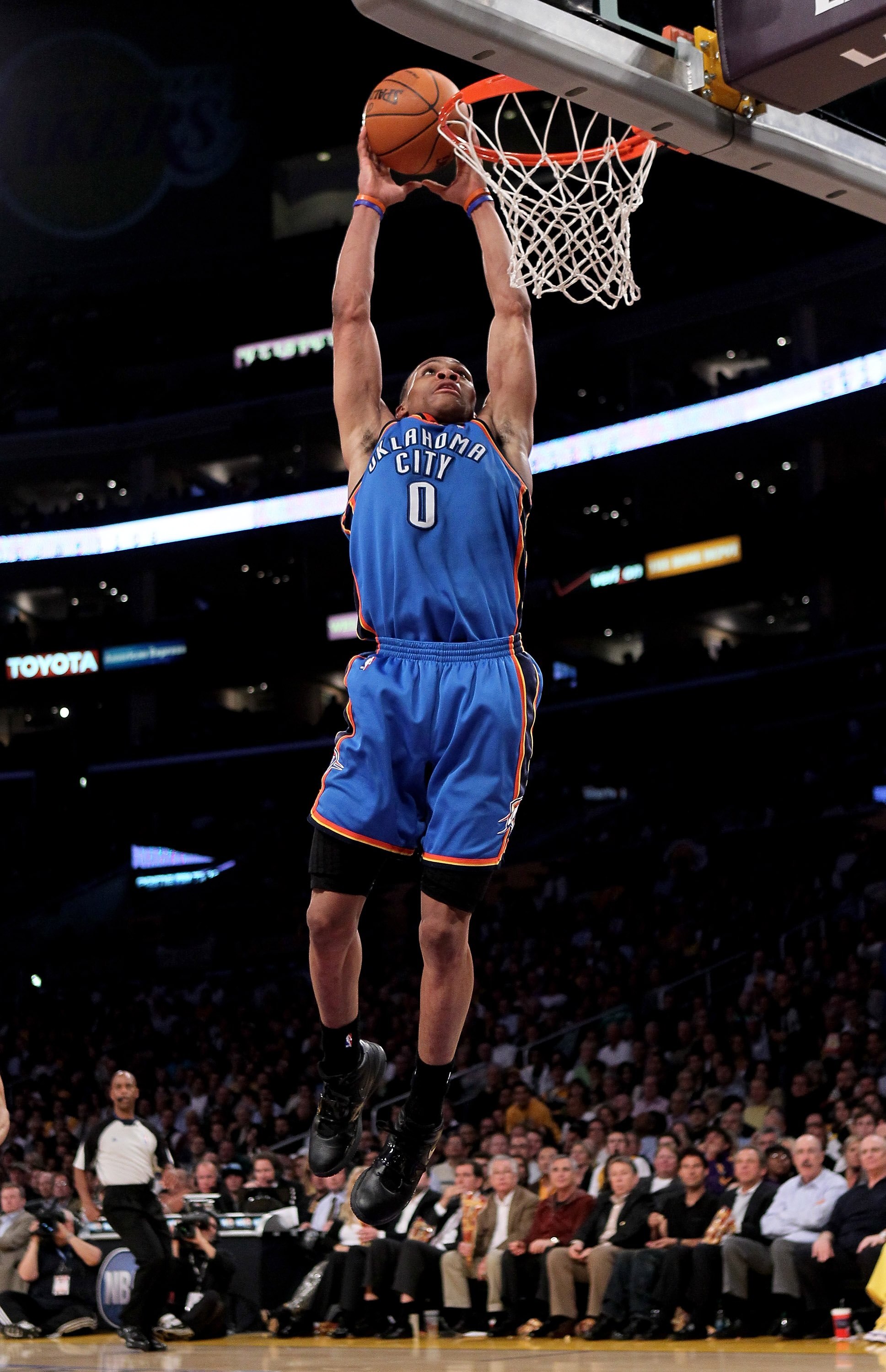 LOS ANGELES, CA - APRIL 20:  Russell Westbrook #0 of the Oklahoma City Thunder dunks against the Los Angeles Lakers during  Game Two of the Western Conference Quarterfinals of the 2010 NBA Playoffs on April 20, 2010 at Staples Center in Los Angeles, Calif