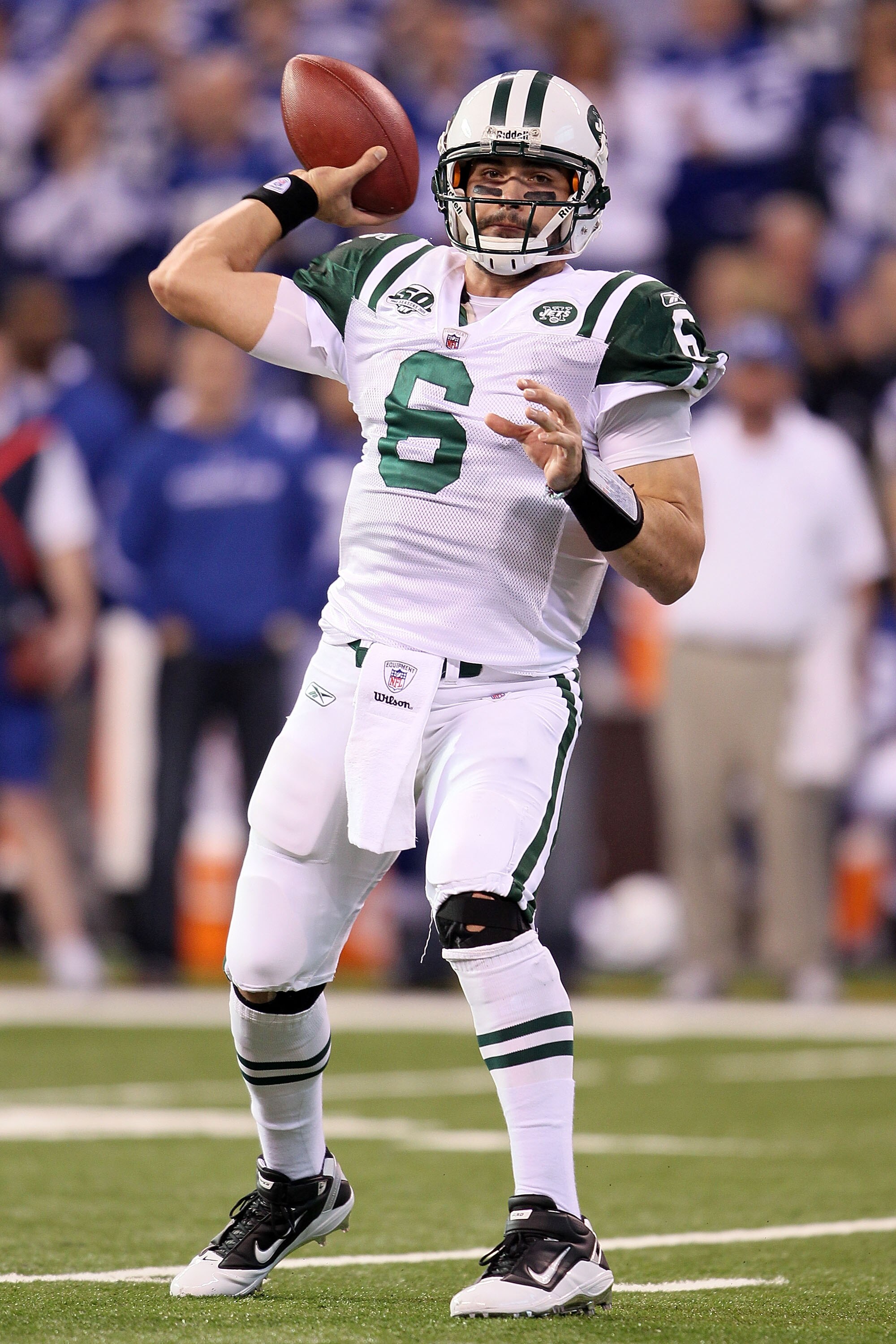INDIANAPOLIS - JANUARY 24:  Quarterback Mark Sanchez #6 of the New York Jets throws a pass in the first quarter against the Indianapolis Colts during the AFC Championship Game at Lucas Oil Stadium on January 24, 2010 in Indianapolis, Indiana.  (Photo by A