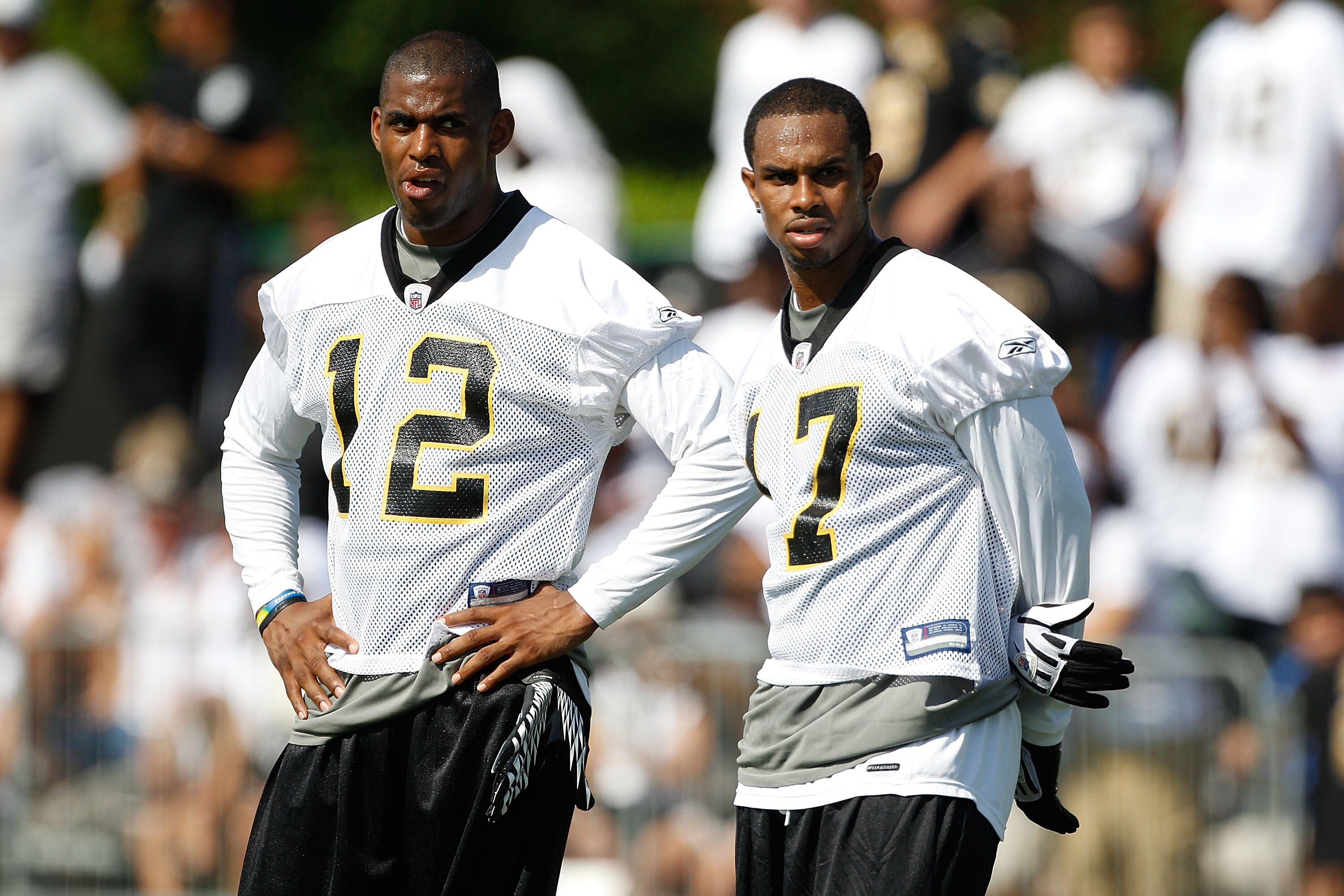 METAIRIE, LA - JULY 30:  Marques Colston#12 and Robert Meachem #17 of the New Orleans Saints during training camp on July 30, 2010 in Metairie, Louisiana.  (Photo by Chris Graythen/Getty Images)