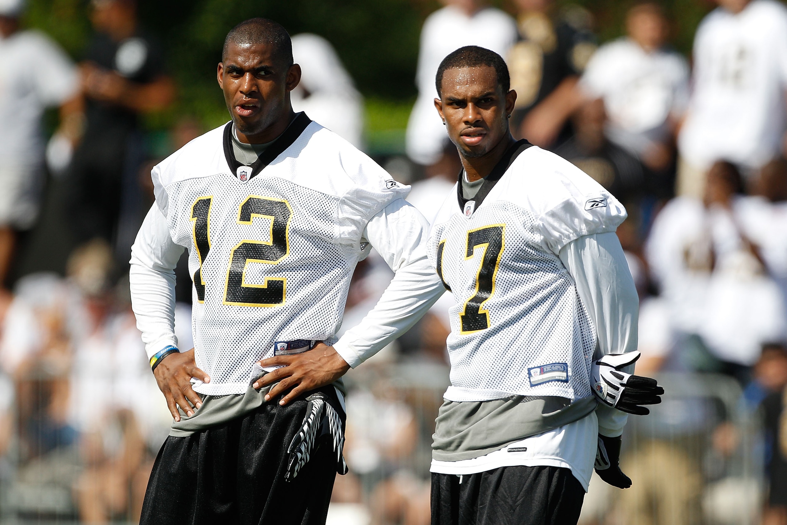 METAIRIE, LA - JULY 30:  Marques Colston#12 and Robert Meachem #17 of the New Orleans Saints during training camp on July 30, 2010 in Metairie, Louisiana.  (Photo by Chris Graythen/Getty Images)