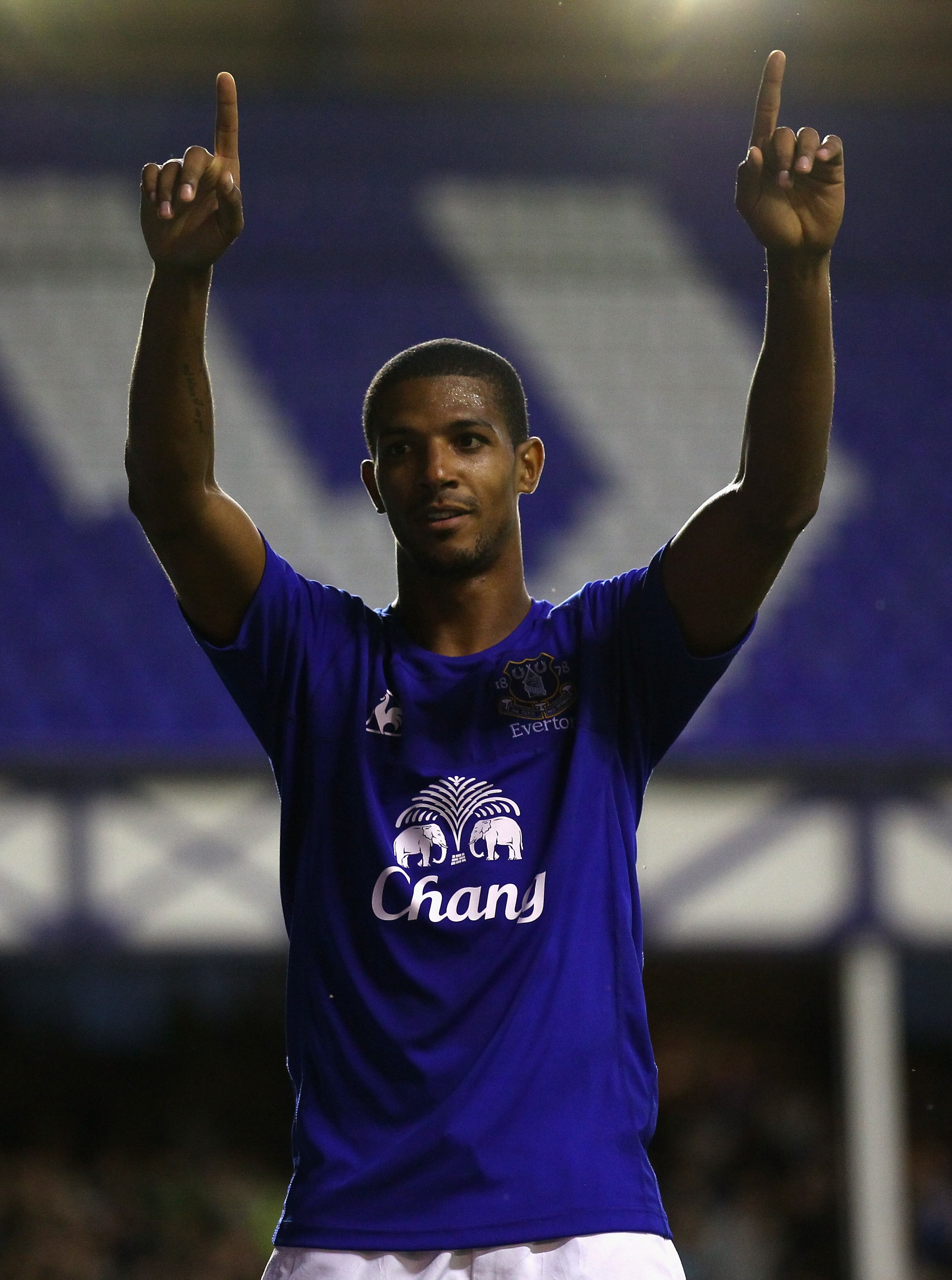 LIVERPOOL, ENGLAND - AUGUST 04:  Jermaine Beckford of Everton celebrates after scoring the opening goal during the pre-season friendly match between Everton and Everton Chile at Goodison Park on August 4, 2010 in Liverpool, England.  (Photo by Alex Livese
