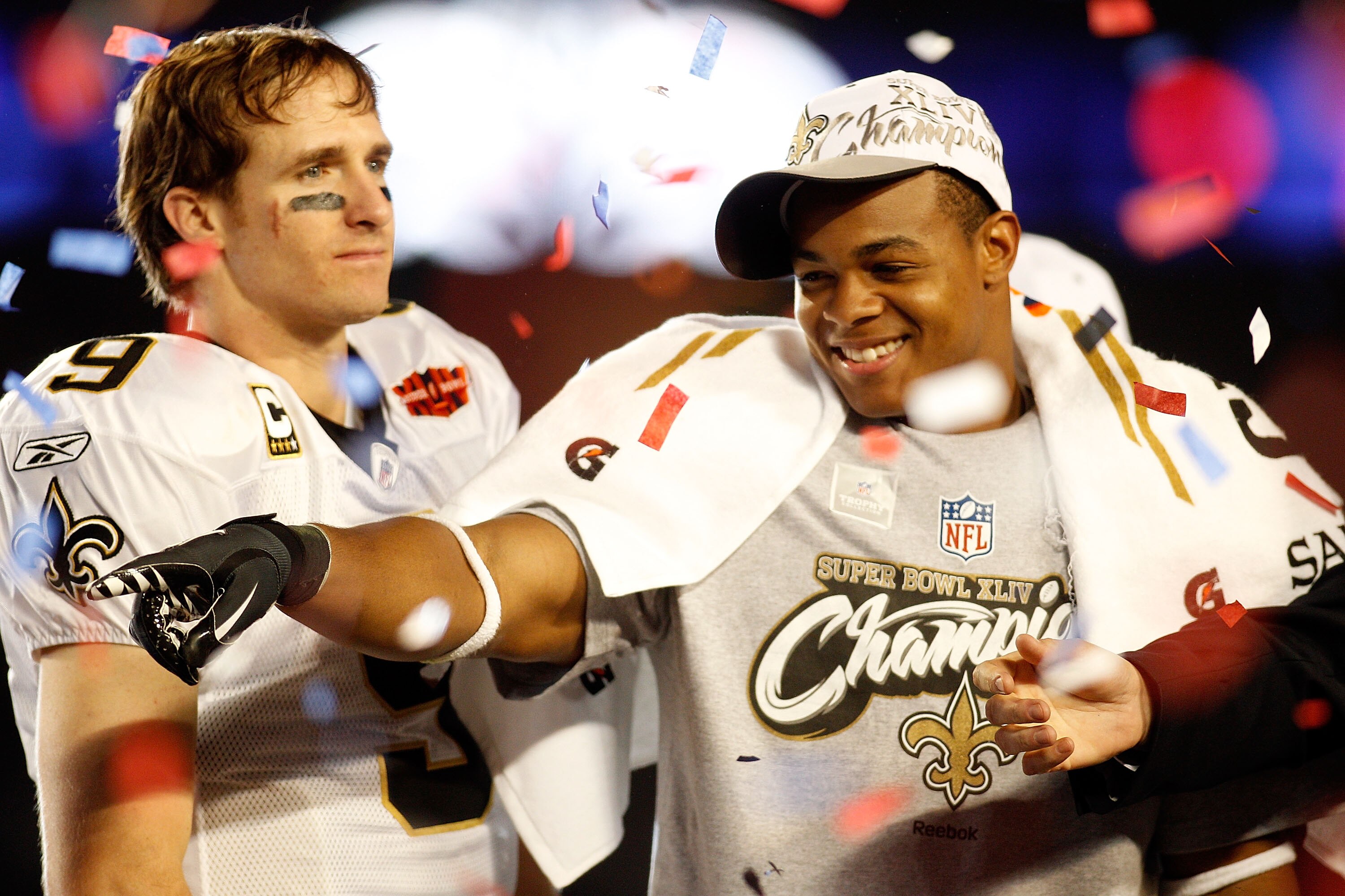 MIAMI GARDENS, FL - FEBRUARY 07: Drew Brees #9 and Pierre Thomas # 23 of the New Orleans Saints celebrate after defeating the Indianapolis Colts during Super Bowl XLIV on February 7, 2010 at Sun Life Stadium in Miami Gardens, Florida. (Photo by Chris Gr MIAMI GARDENS, FL - FEBRUARY 07: Drew Brees #9 and Pierre Thomas # 23 of the New Orleans Saints celebrate after defeating the Indianapolis Colts during Super Bowl XLIV on February 7, 2010 at Sun Life Stadium in Miami Gardens, Florida. (Photo by Chris Gr