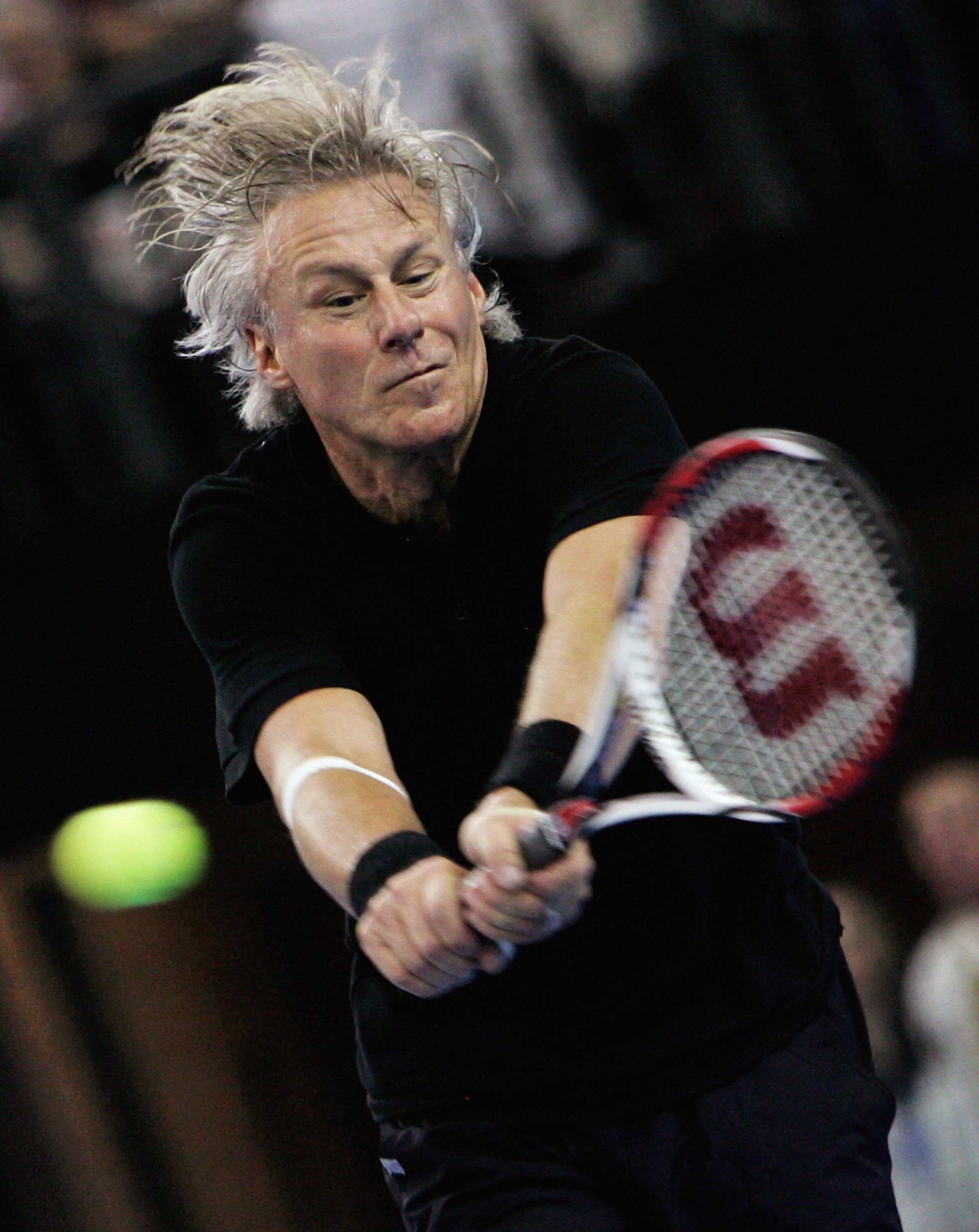 BELFAST, UNITED KINGDOM - FEBRUARY 22:  Bjorn Borg of Sweden plays against John McEnroe of the United States during the second day of the BlackRock Tour of Champions at the Odyssey Arena February 22, 2008 in Belfast, Northern Ireland.  (Photo by Matthew L