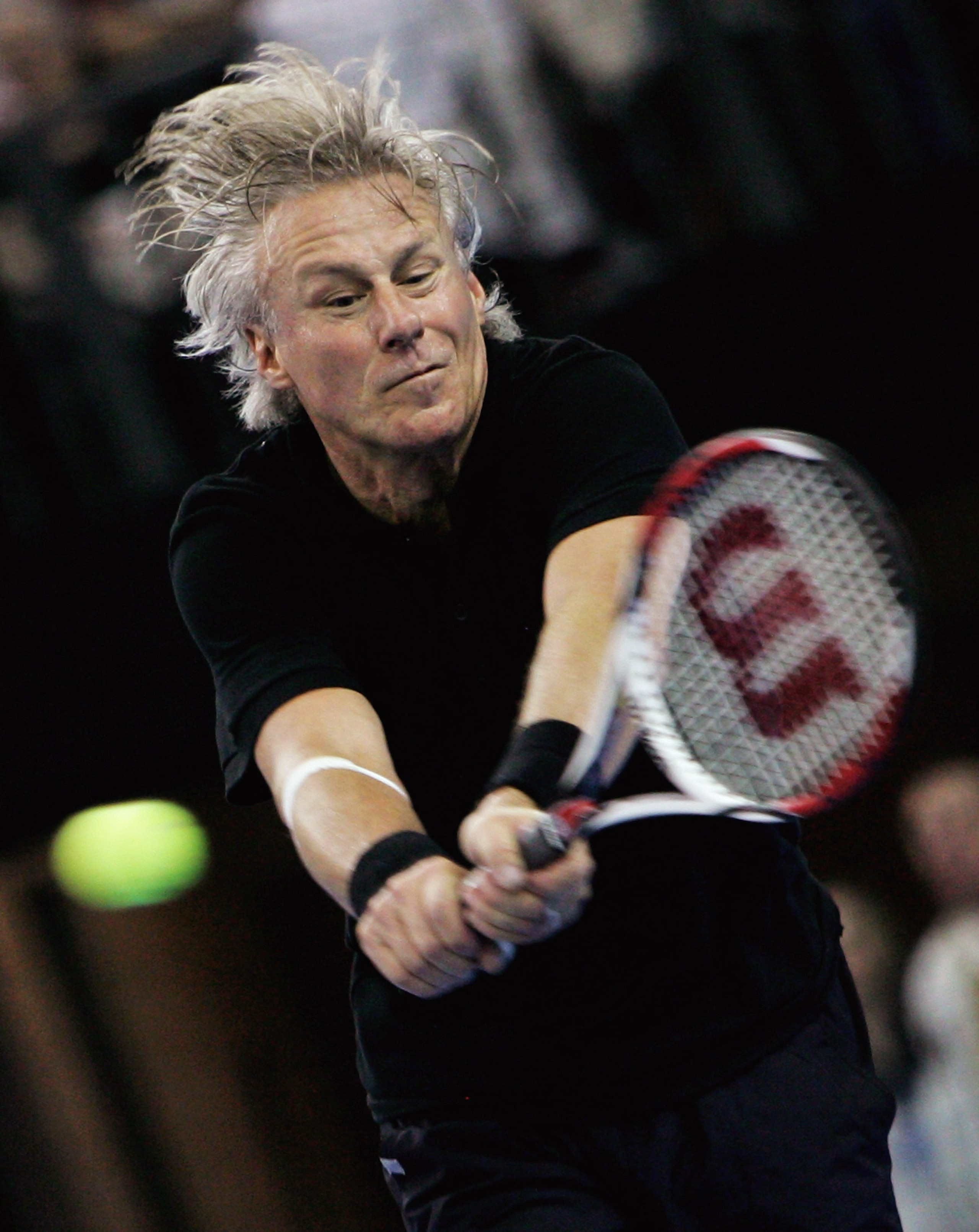BELFAST, UNITED KINGDOM - FEBRUARY 22:  Bjorn Borg of Sweden plays against John McEnroe of the United States during the second day of the BlackRock Tour of Champions at the Odyssey Arena February 22, 2008 in Belfast, Northern Ireland.  (Photo by Matthew L