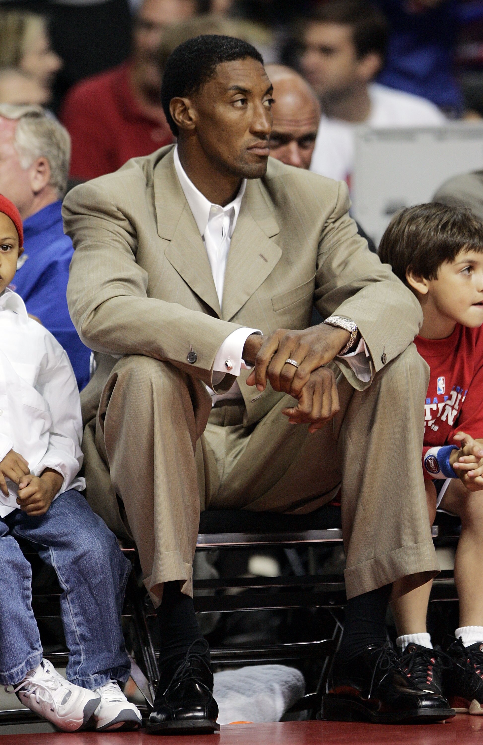 AUBURN HILLS, MI - JUNE 14:  NBA legend Scotty Pippen watches as the Detroit Pistons take on the San Antonio Spurs in Game three of the 2005 NBA Finals at The Palace of Auburn Hills on June 14, 2005 in Auburn Hills, Michigan. The Pistons defeated the Spur