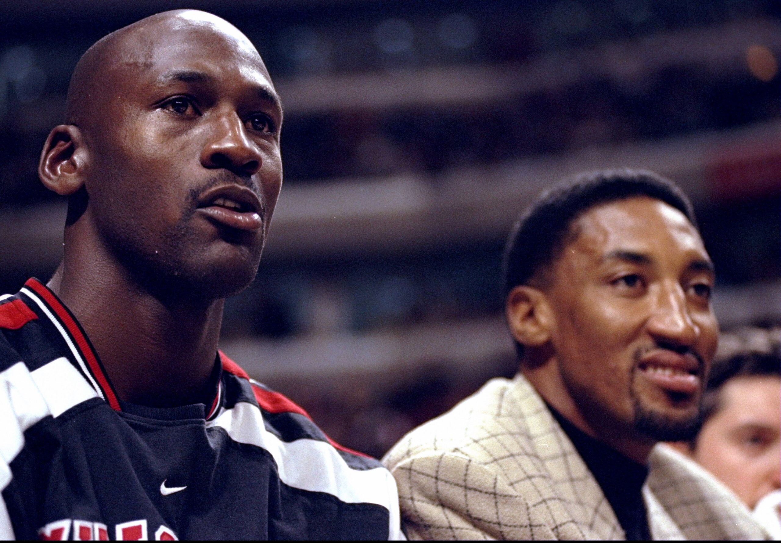 14 Nov 1997:  Guards Michael Jordan and Scottie Pippen look on during a game against the Charlotte Hornets at the United Center in Chicago, Illinois.  The Bulls defeated the Hornets  105-92. Mandatory Credit: Jonathan Daniel  /Allsport