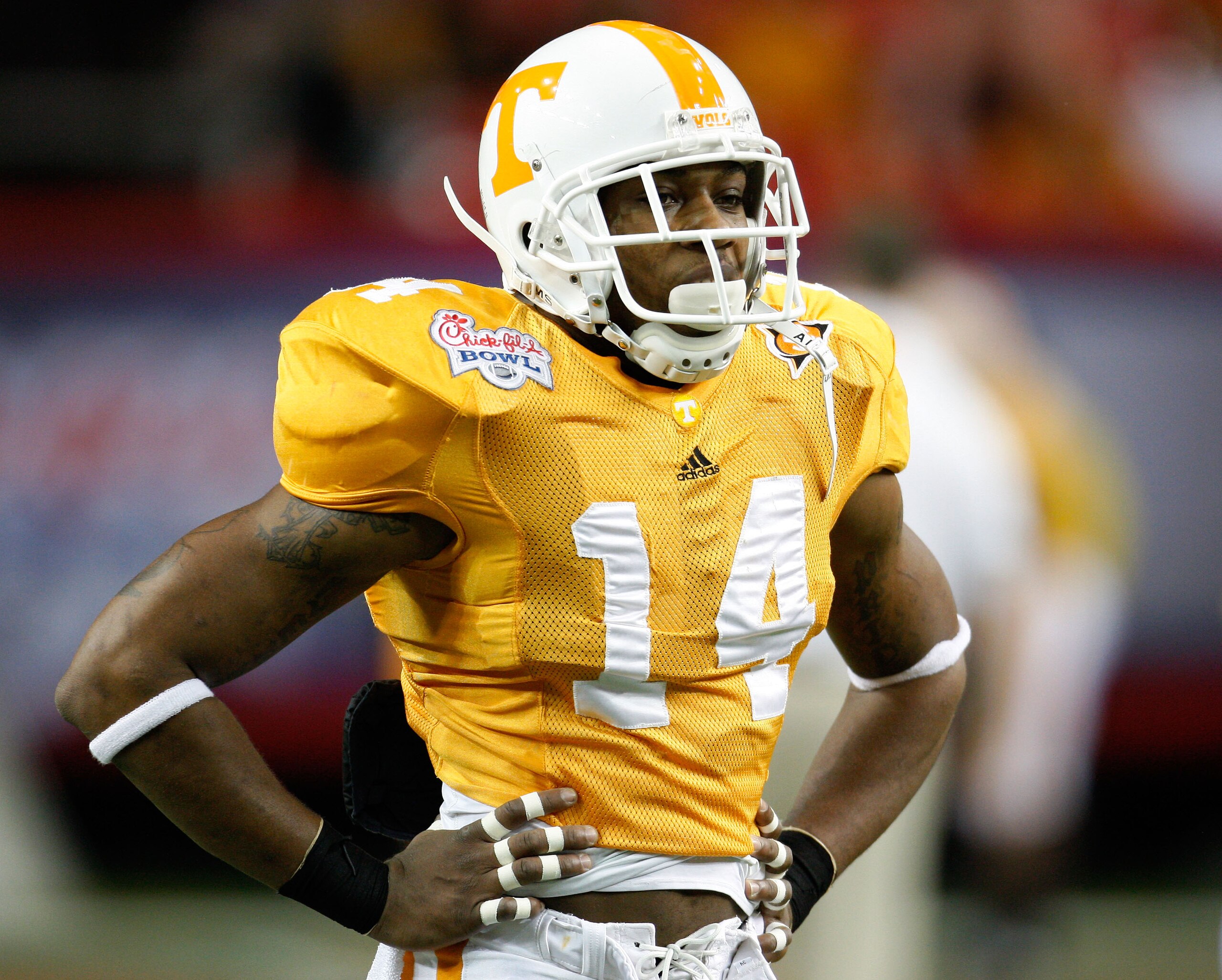 ATLANTA - DECEMBER 31:  Safety Eric Berry #14 of the Tennessee Volunteers takes a breather during the Chick-Fil-A Bowl against the Virginia Tech Hokies at the Georgia Dome on December 31, 2009 in Atlanta, Georgia.  The Hokies beat the Volunteers 37-14.  (