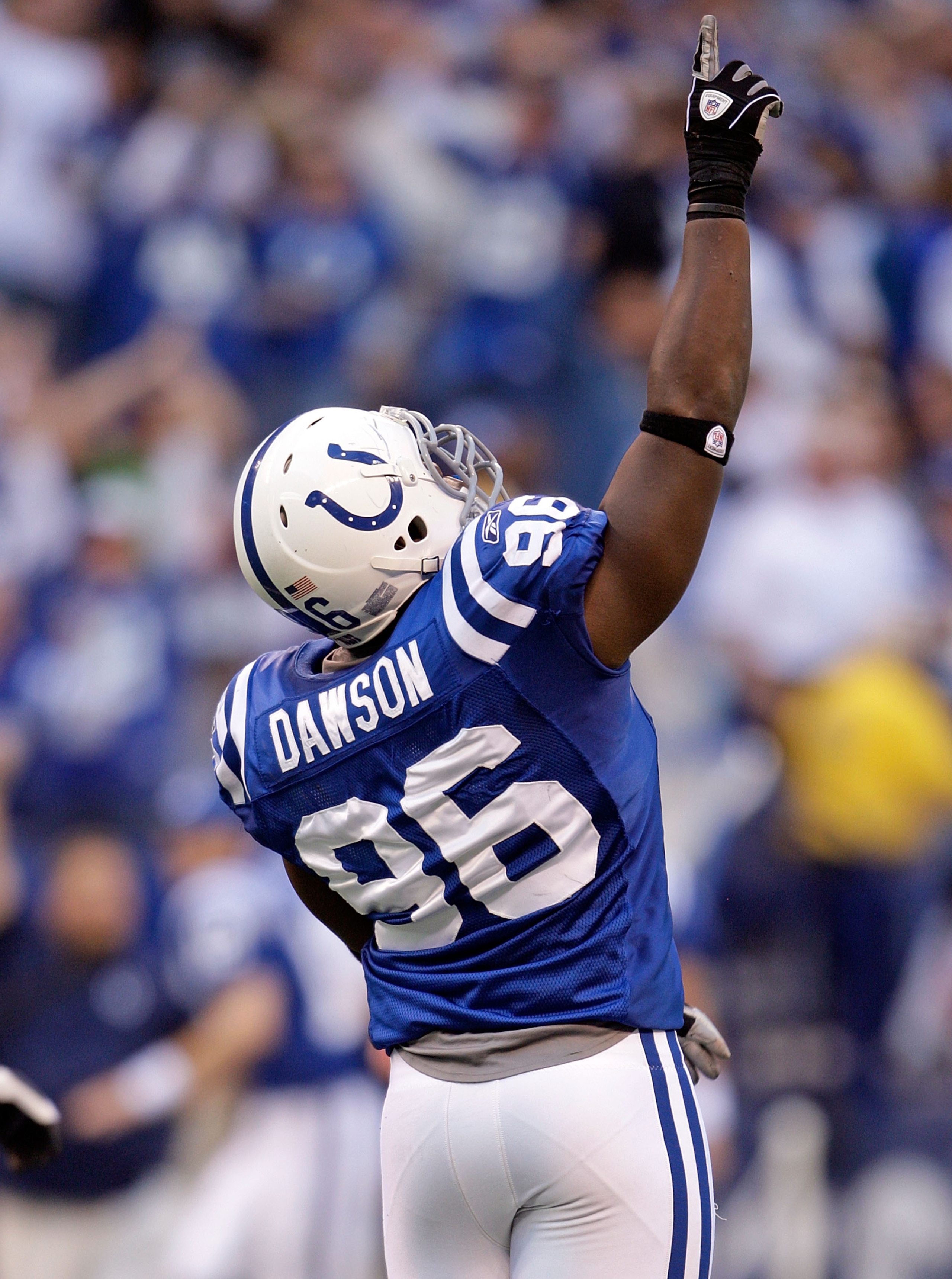 INDIANAPOLIS - NOVEMBER 08:  Keyunta Dawson #96 of the Indianapolis Colts celebrates after the Colts beat the Houston Texans 20-17 at Lucas Oil Stadium on November 8, 2009 in Indianapolis, Indiana.  (Photo by Andy Lyons/Getty Images)