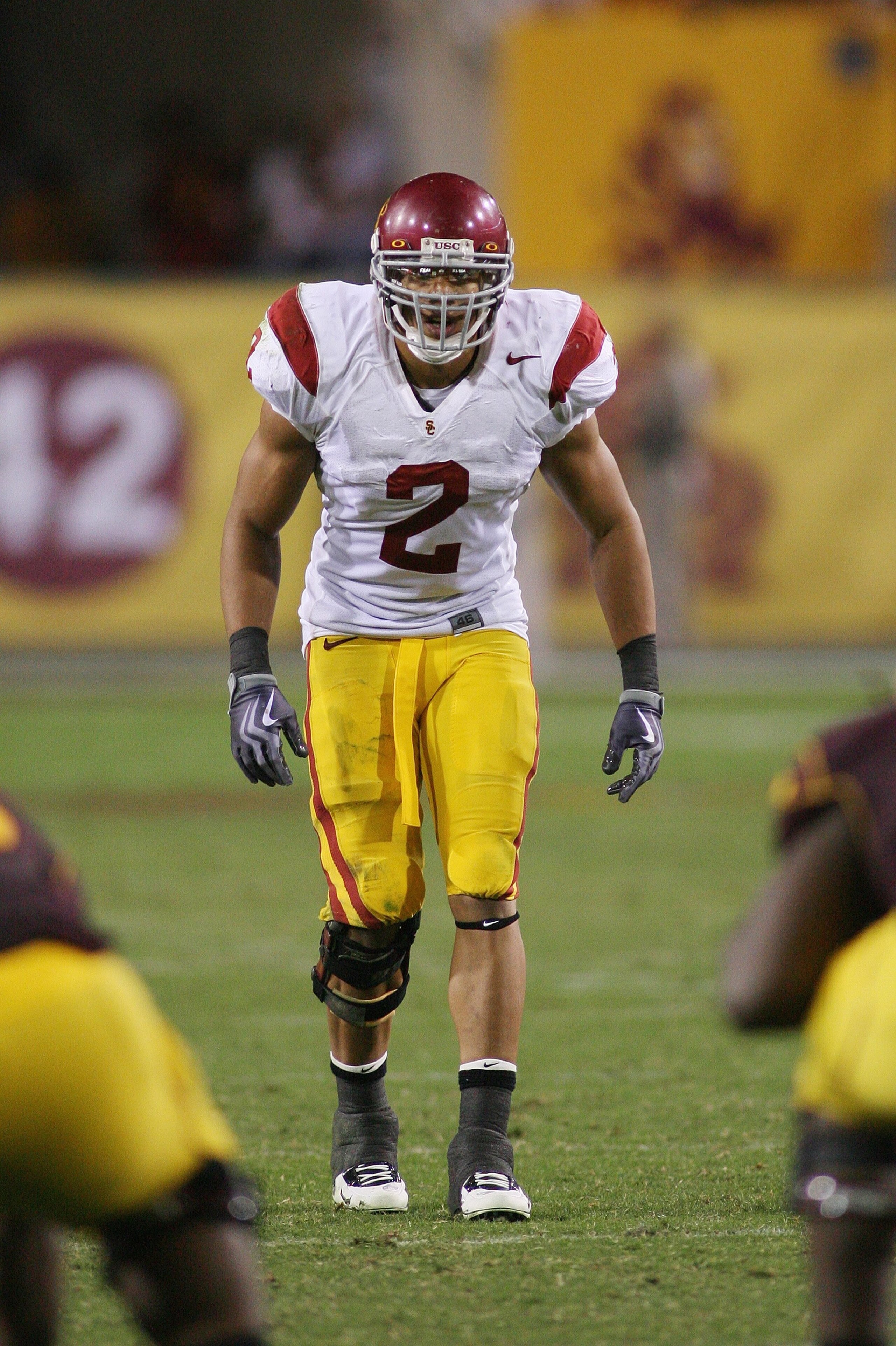 TEMPE, AZ - NOVEMBER 7:  Taylor Mays #2 of the USC Trojans lines up against the Arizona State Sun Devils on November 7, 2009 at Sun Devil Stadium in Tempe, Arizona.  USC won 14-9.  (Photo by Jeff Golden/Getty Images)
