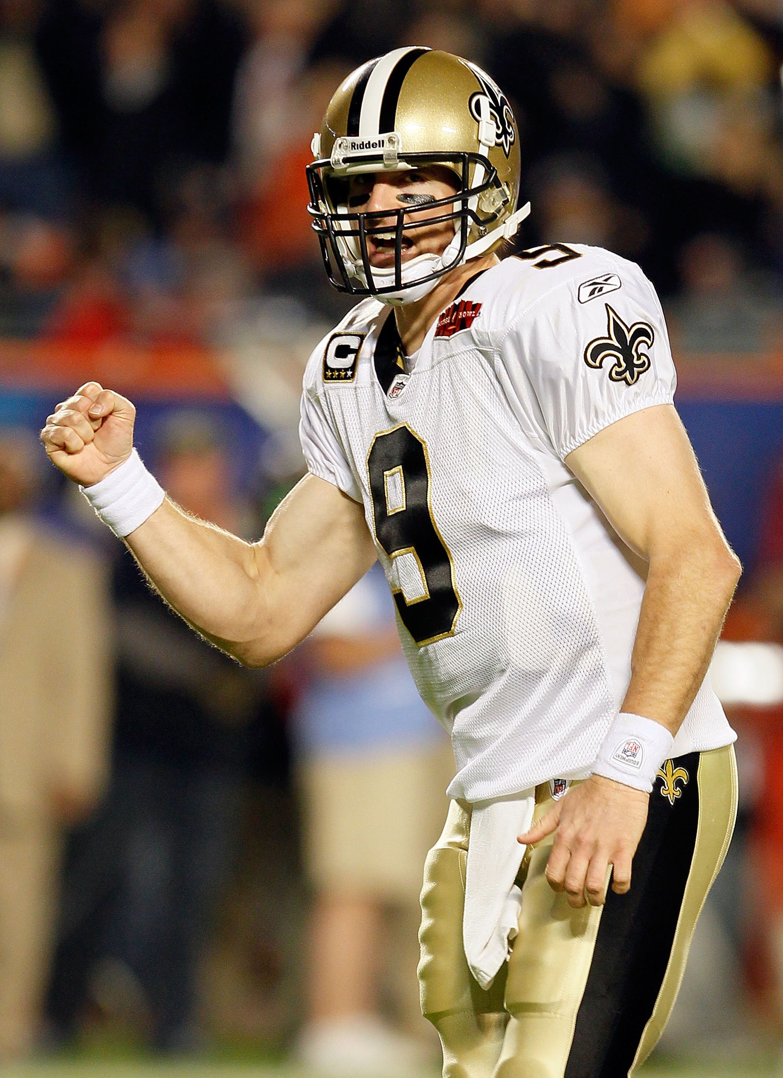 MIAMI GARDENS, FL - FEBRUARY 07: Drew Brees #9 of the New Orleans Saints celebrates after a touchdown in the third quarter against the Indianapolis Colts during Super Bowl XLIV on February 7, 2010 at Sun Life Stadium in Miami Gardens, Florida. (Photo by MIAMI GARDENS, FL - FEBRUARY 07: Drew Brees #9 of the New Orleans Saints celebrates after a touchdown in the third quarter against the Indianapolis Colts during Super Bowl XLIV on February 7, 2010 at Sun Life Stadium in Miami Gardens, Florida. (Photo by