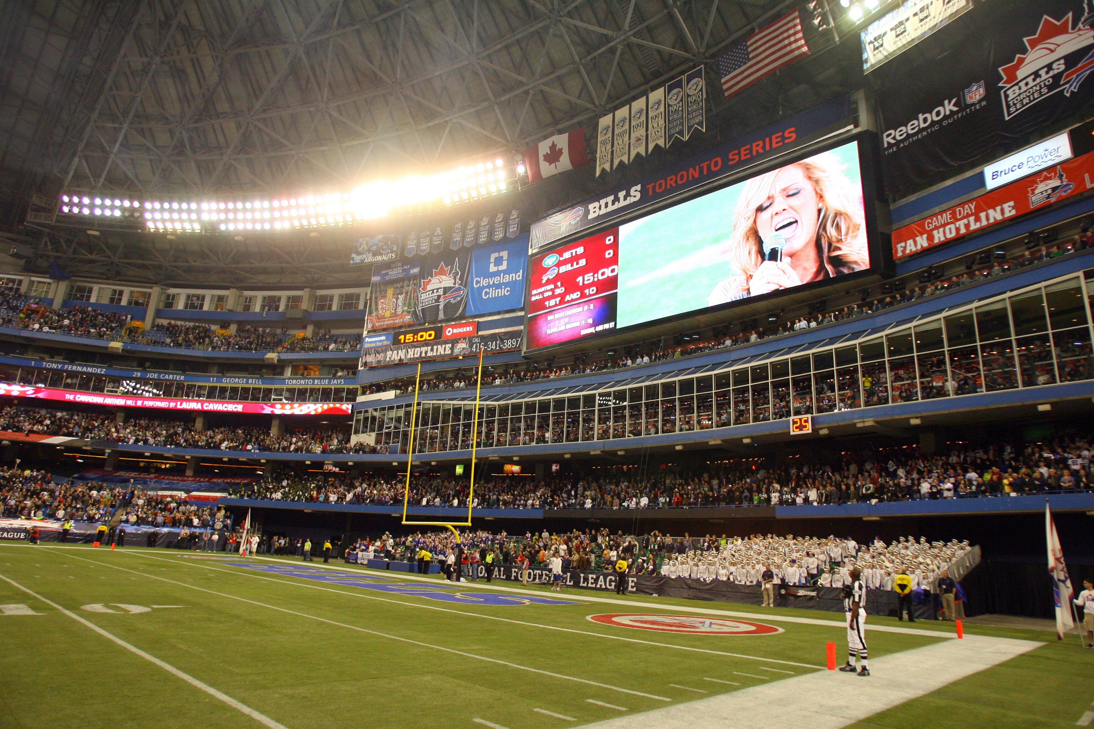 TORONTO - DECEMBER 3:  A general view of the field big screen during the singing of the National Anthems prior to the NFL game between the Buffalo Bills and the New York Jets on December 3, 2009  at Rogers Centre in Toronto, Ontario, Canada. The Jets defe