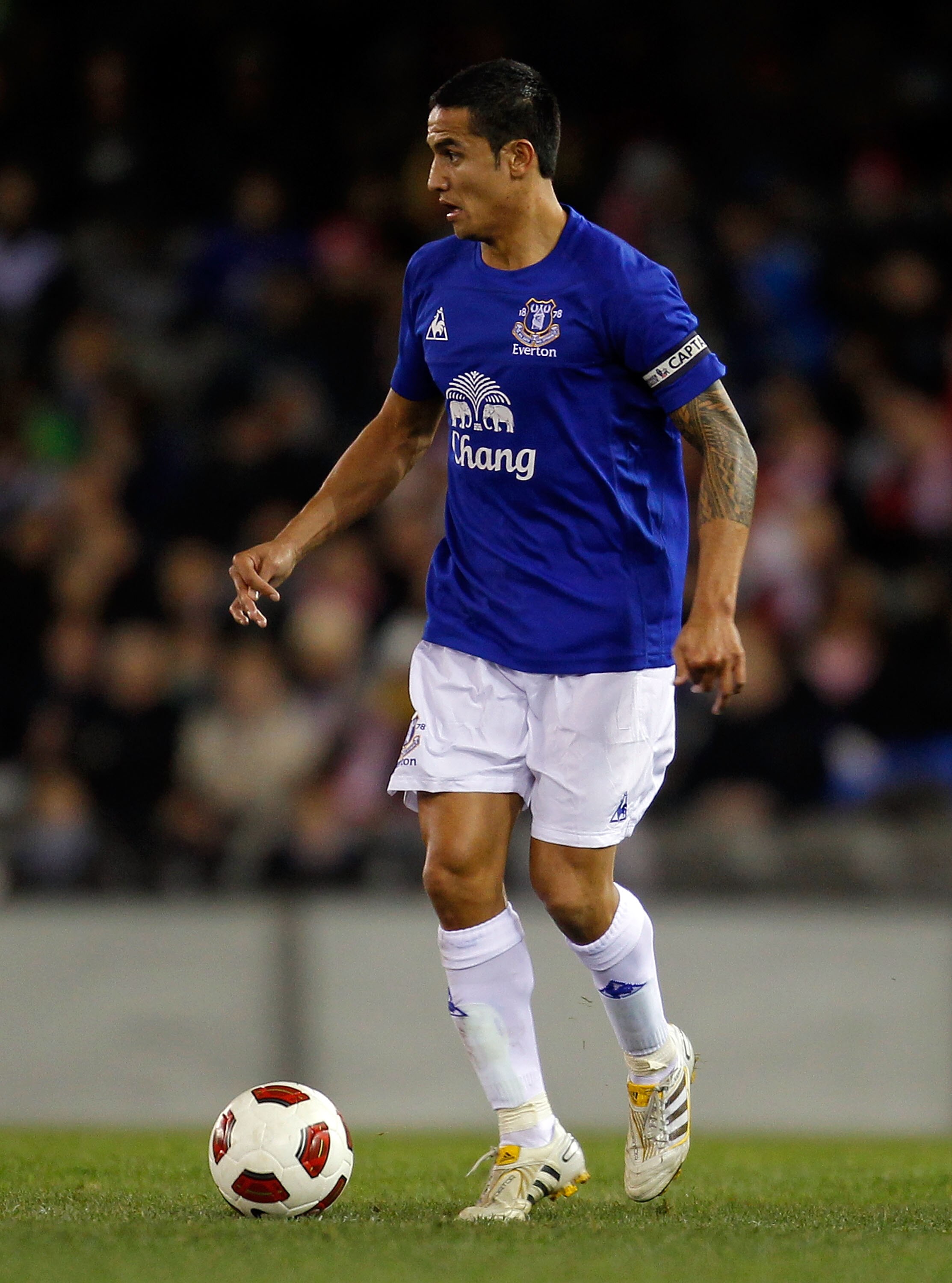 MELBOURNE, AUSTRALIA - JULY 14:  Tim Cahill of Everton runs with the ball during a pre-season friendly match between Melbourne Heart and Everton at Etihad Stadium on July 14, 2010 in Melbourne, Australia.  (Photo by Scott Barbour/Getty Images)