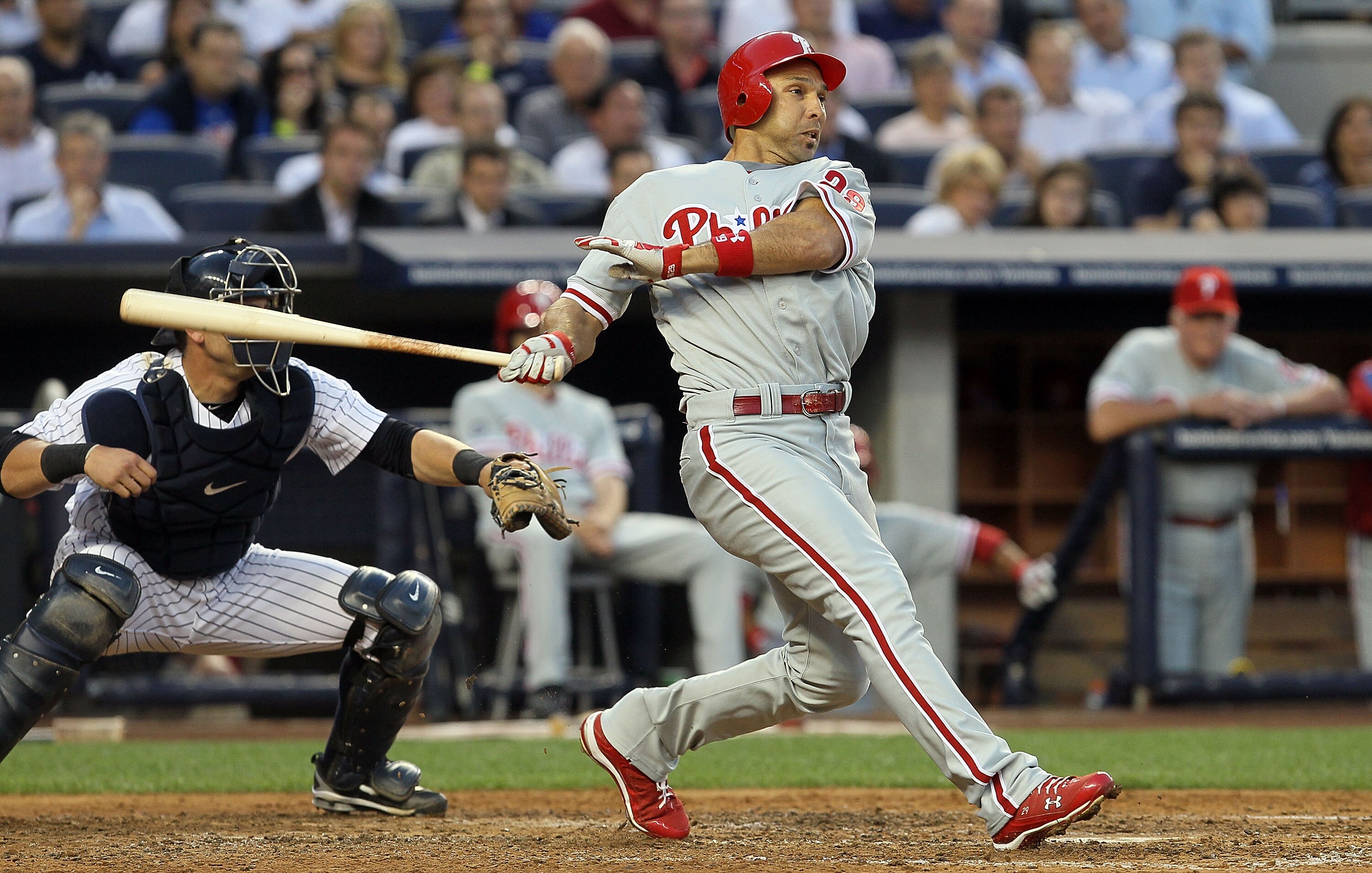 NEW YORK - JUNE 15:  Raul Ibanez #29 of the Philadelphia Phillies follows through on a fourth inning RBI single against the New York Yankees on June 15, 2010 at Yankee Stadium in the Bronx borough of New York City.  (Photo by Jim McIsaac/Getty Images)