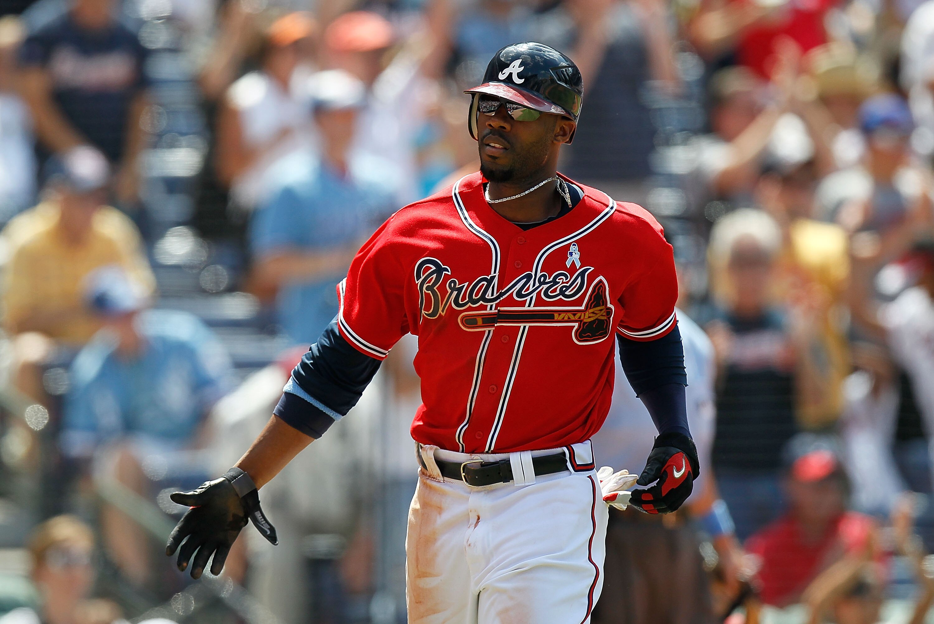 ATLANTA - JUNE 20:  Jason Heyward #22 of the Atlanta Braves reacts after crossing homeplate in the sixth inning against the Kansas City Royals at Turner Field on June 20, 2010 in Atlanta, Georgia.  (Photo by Kevin C. Cox/Getty Images)