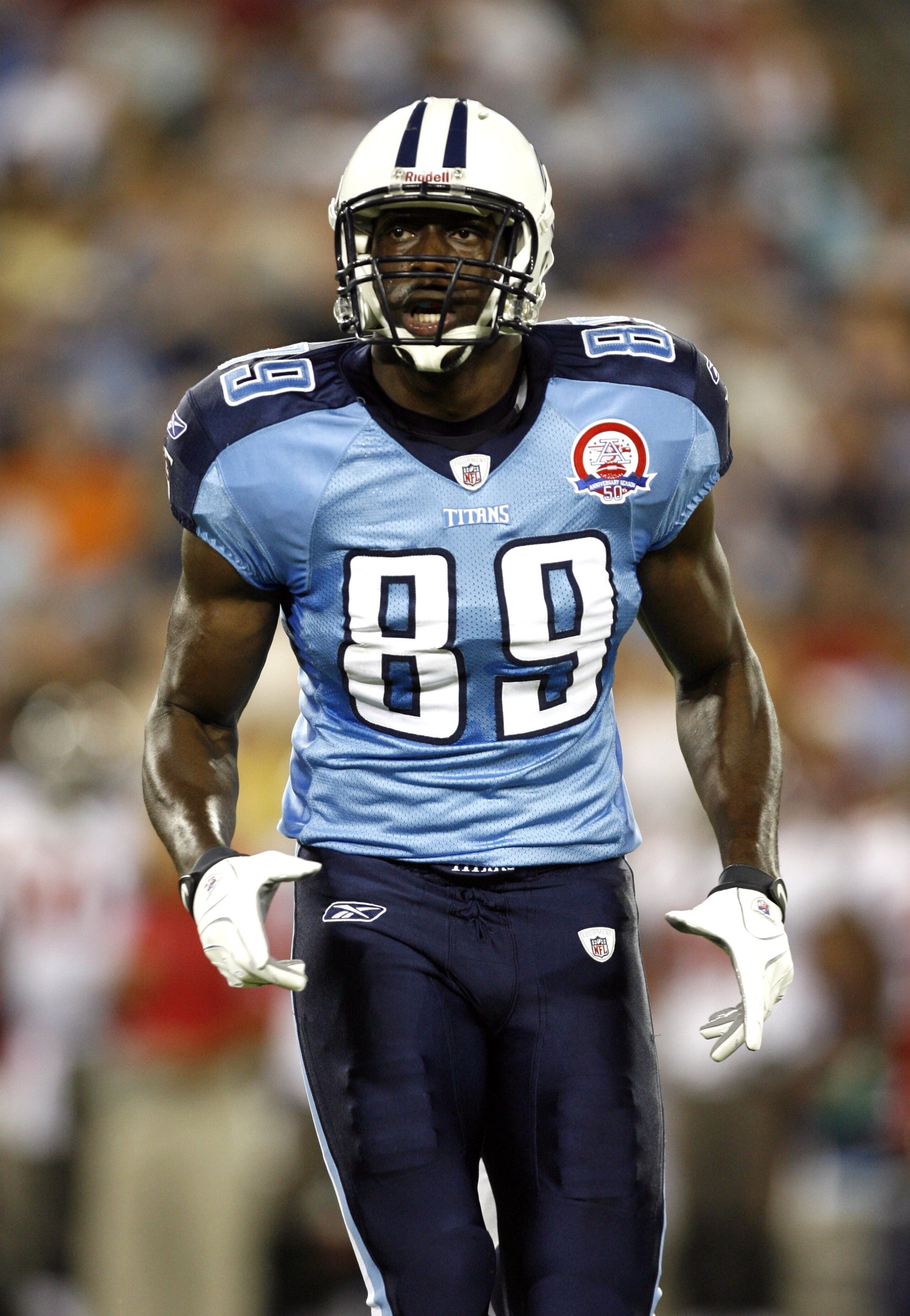NASHVILLE, TN - AUGUST 15: Jared Cook #89 of the Tennessee Titans looks on against the Tampa Bay Buccaneers during a preseason NFL game at LP Field on August 15, 2009 in Nashville, Tennessee. The Titans beat the Buccaneers 27-20. (Photo by Joe Murphy/Gett