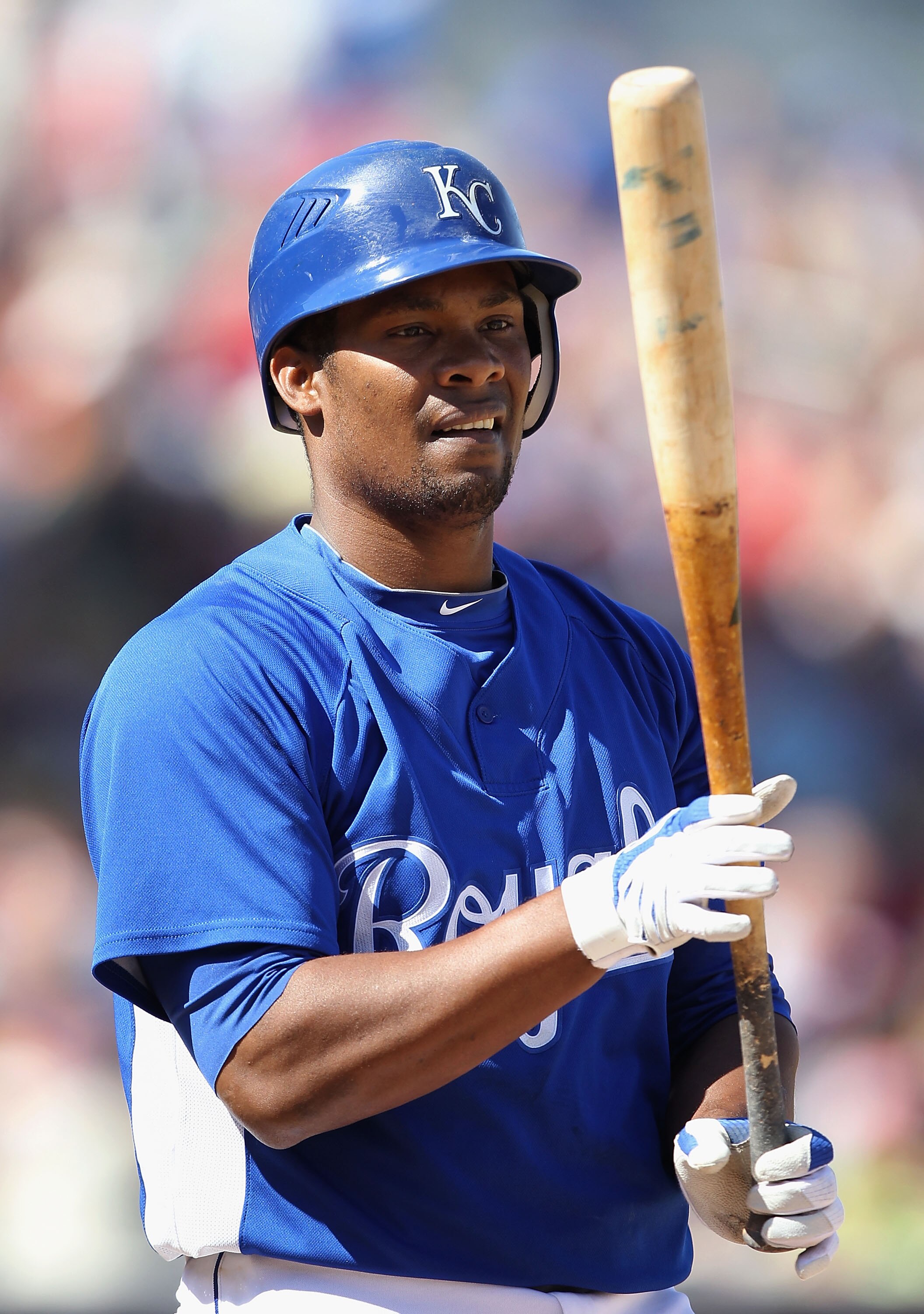 SURPRISE, AZ - MARCH 13:  Jose Guillen #6 of the Kansas City Royals prepares to bat against the Los Angeles Angels of Anaheim during the MLB spring training game at Surprise Stadium on March 13, 2010 in Surprise, Arizona.  The Royals defeated the Angels 1