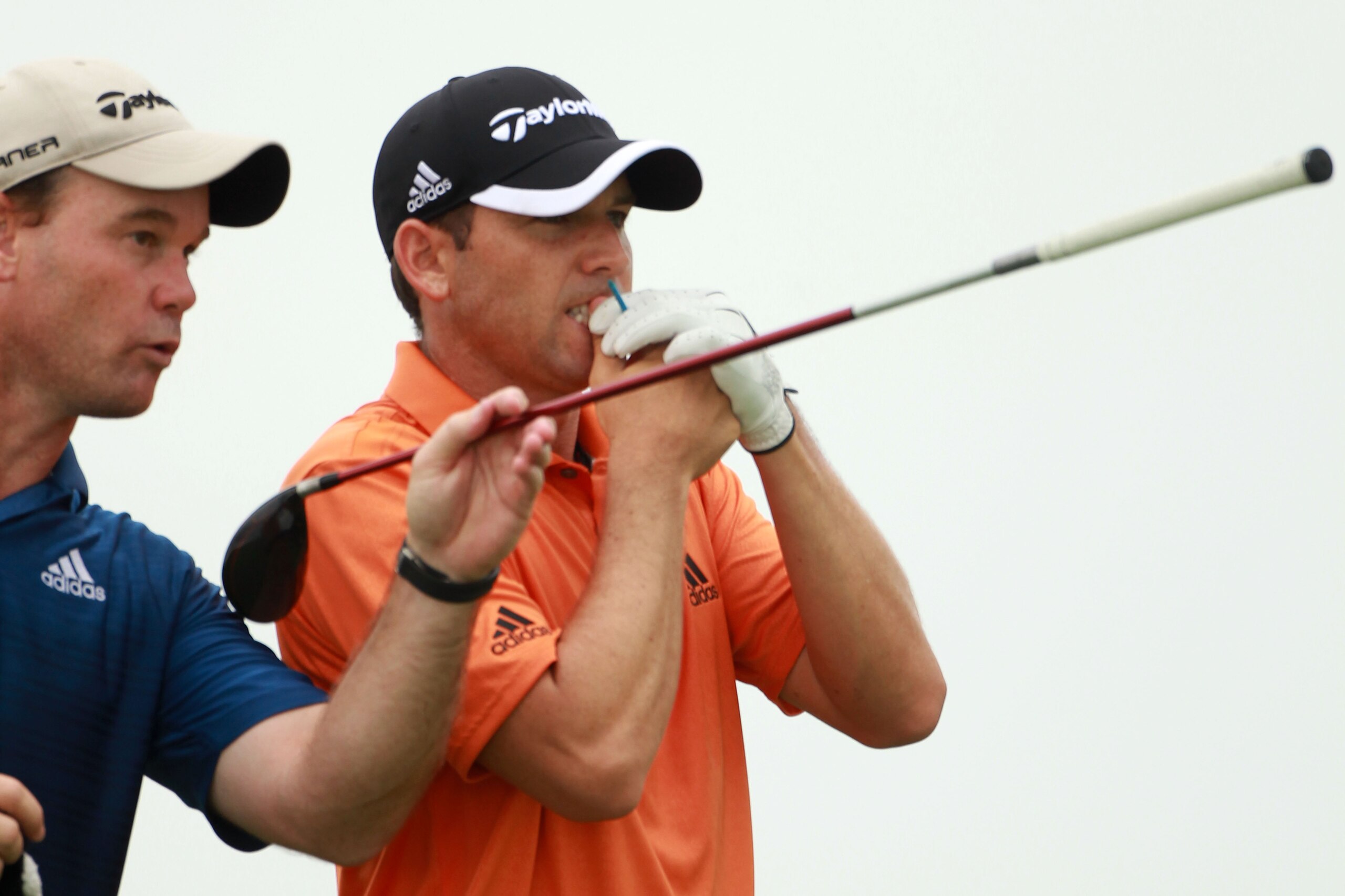 KOHLER, WI - AUGUST 11:  Sergio Garcia of Spain chats with his caddie Gary Matthews during a practice round prior to the start of the 92nd PGA Championship on the Straits Course at Whistling Straits on August 11, 2010 in Kohler, Wisconsin.  (Photo by Andr
