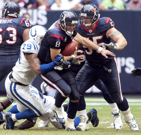 HOUSTON - NOVEMBER 29:  Quarterback Matt Schaub #8 of the Houston Texans is sacked by defensive end Raheem Brock #79 of the Indianapolis Colts at Reliant Stadium November 29, 2009 in Houston, Texas.  (Photo by Bob Levey/Getty Images)