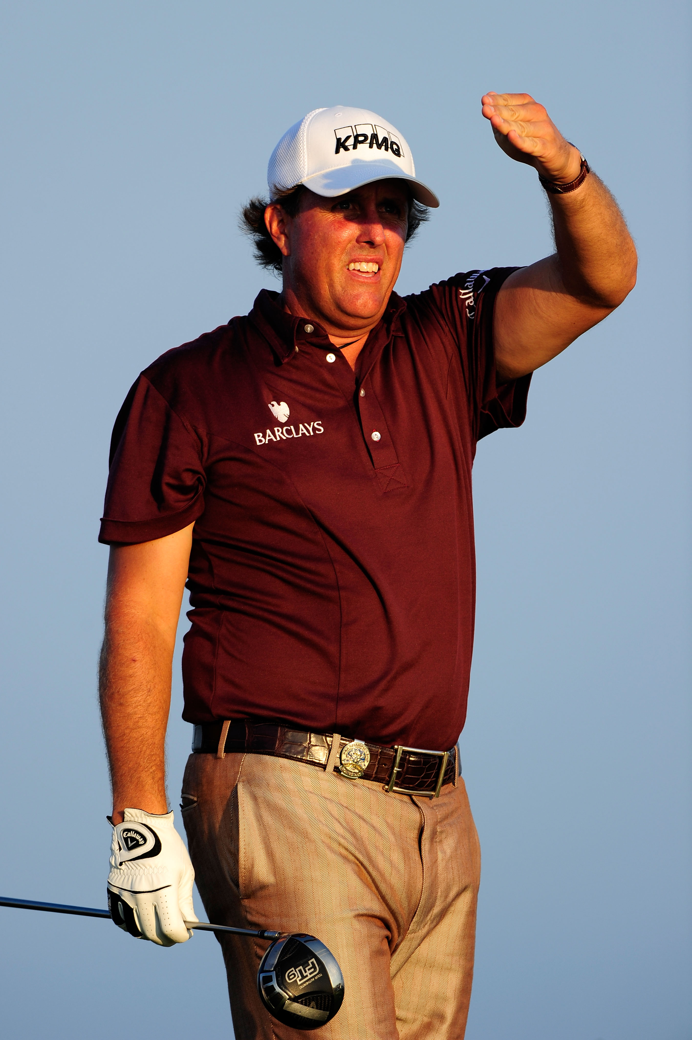 KOHLER, WI - AUGUST 12:  Phil Mickelson shields his eyes from the sun on the ninth tee during the first round of the 92nd PGA Championship on the Straits Course at Whistling Straits on August 12, 2010 in Kohler, Wisconsin.  (Photo by Stuart Franklin/Getty