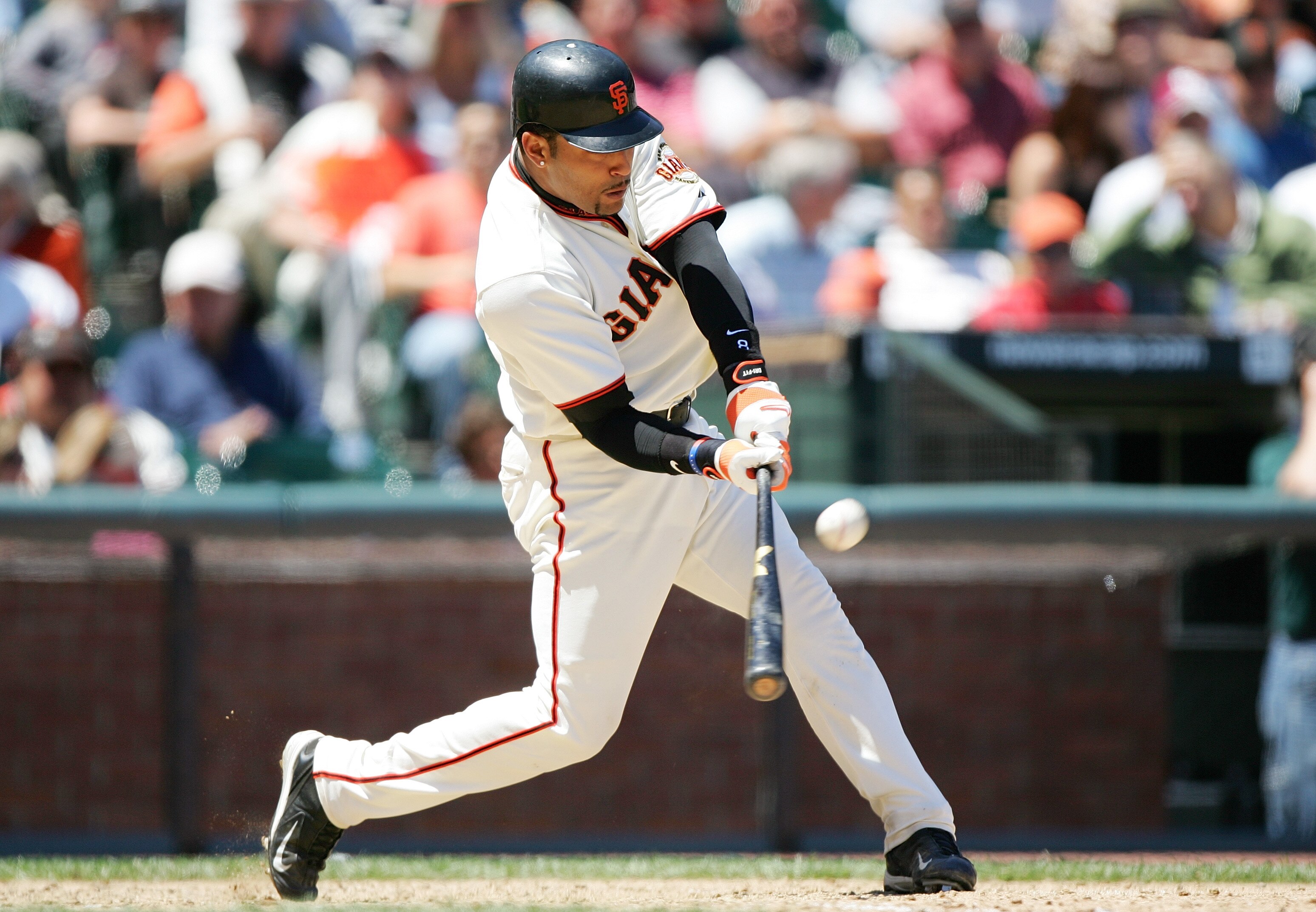 SAN FRANCISCO - JUNE 9:  Yorvit Torrealba #8 of the San Francisco Giants bats during the Interleague game against the Kansas City Royals at SBC Park on June 9, 2005 in San Francisco, California.  (Photo by Jed Jacobsohn/Getty Images)