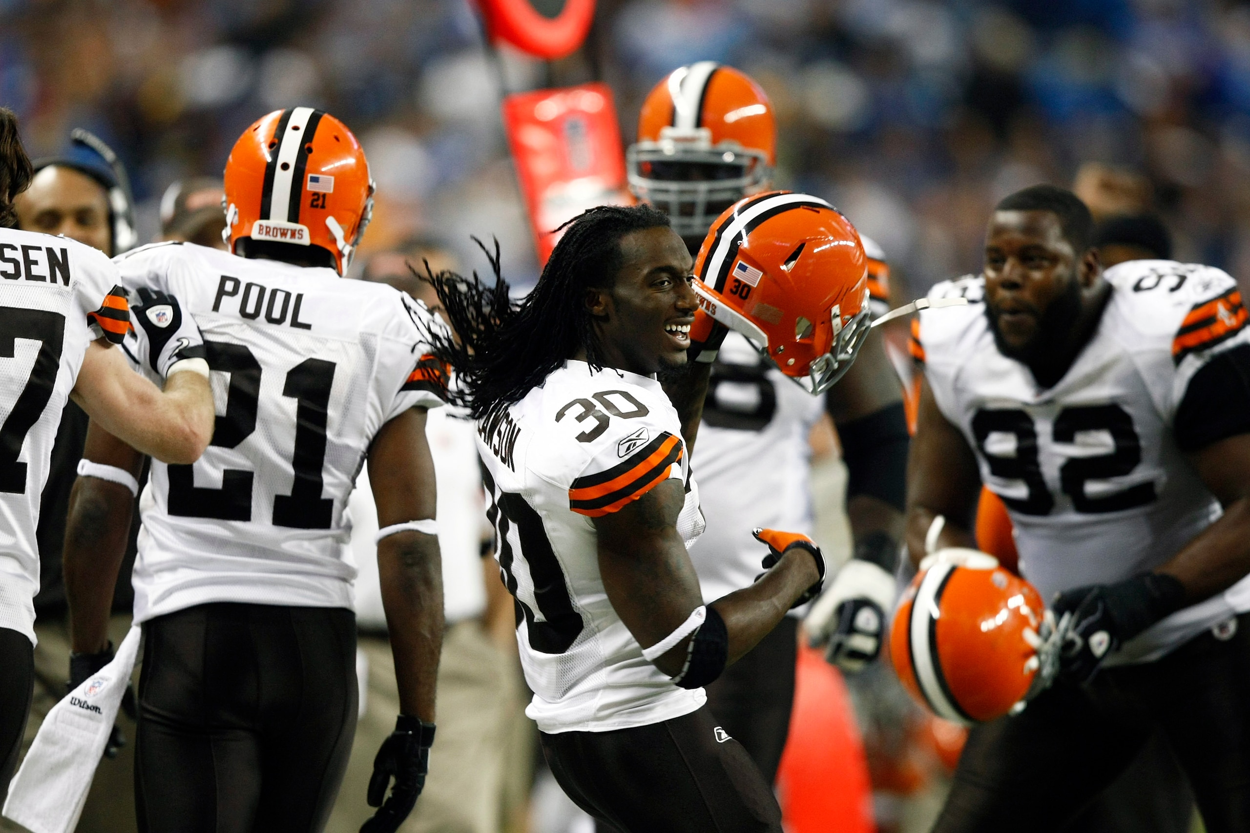 DETROIT, MI - NOVEMBER 22: Gerard Lawson #30 of the Cleveland Browns celebrates with teammates following a turnover late in the game against the Detroit Lions at Ford Field on November 22, 2009 in Detroit, Michigan. The Lions came from behind to defeat th DETROIT, MI - NOVEMBER 22: Gerard Lawson #30 of the Cleveland Browns celebrates with teammates following a turnover late in the game against the Detroit Lions at Ford Field on November 22, 2009 in Detroit, Michigan. The Lions came from behind to defeat th