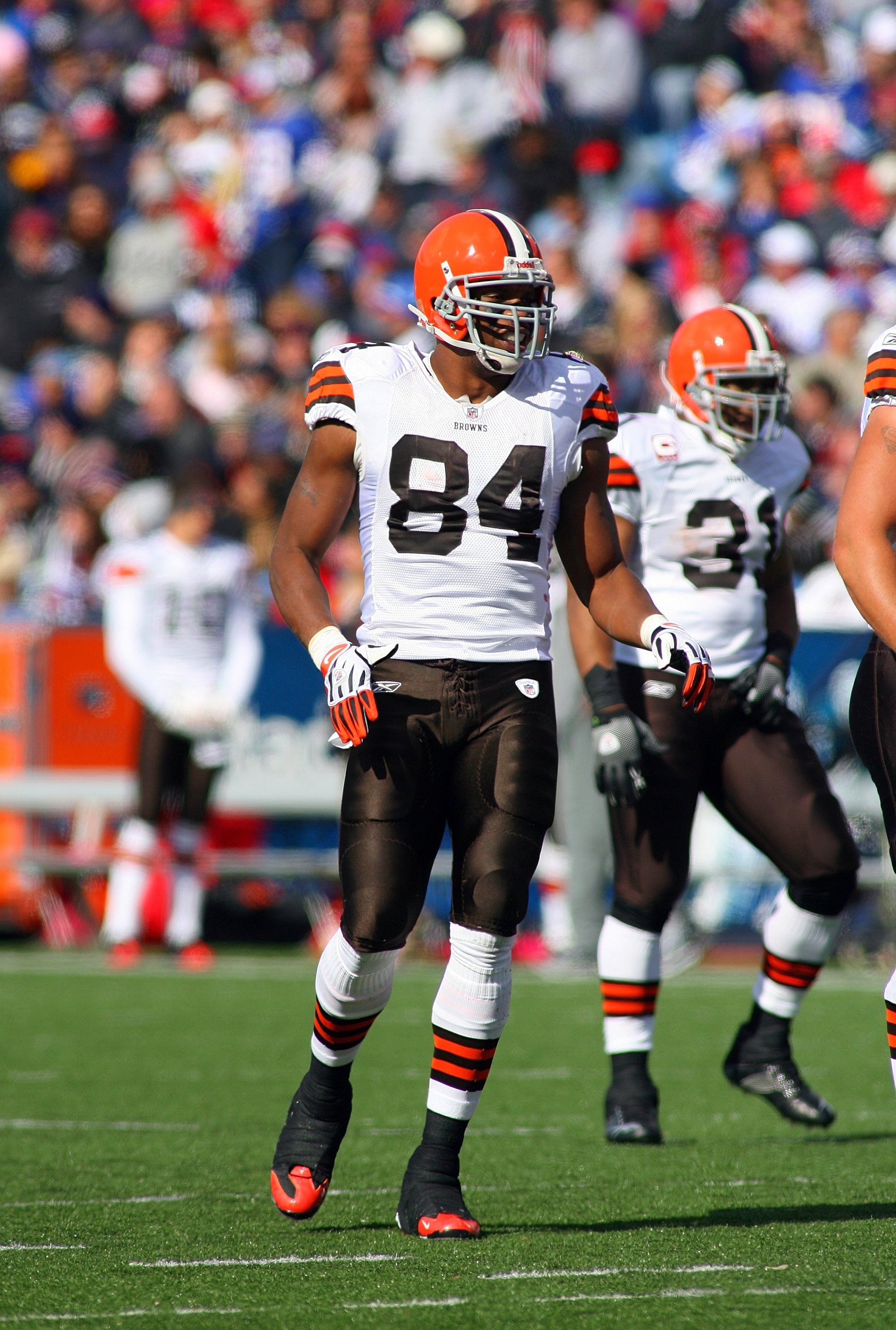ORCHARD PARK, NY - OCTOBER 11:  Robert Royal #84 of the Cleveland Browns looks on during a break in NFL game action against the Buffalo Bills at Ralph Wilson Stadium on October 11, 2009 in Orchard Park, New York. The Browns defeated the Bills 6-3. (Photo 