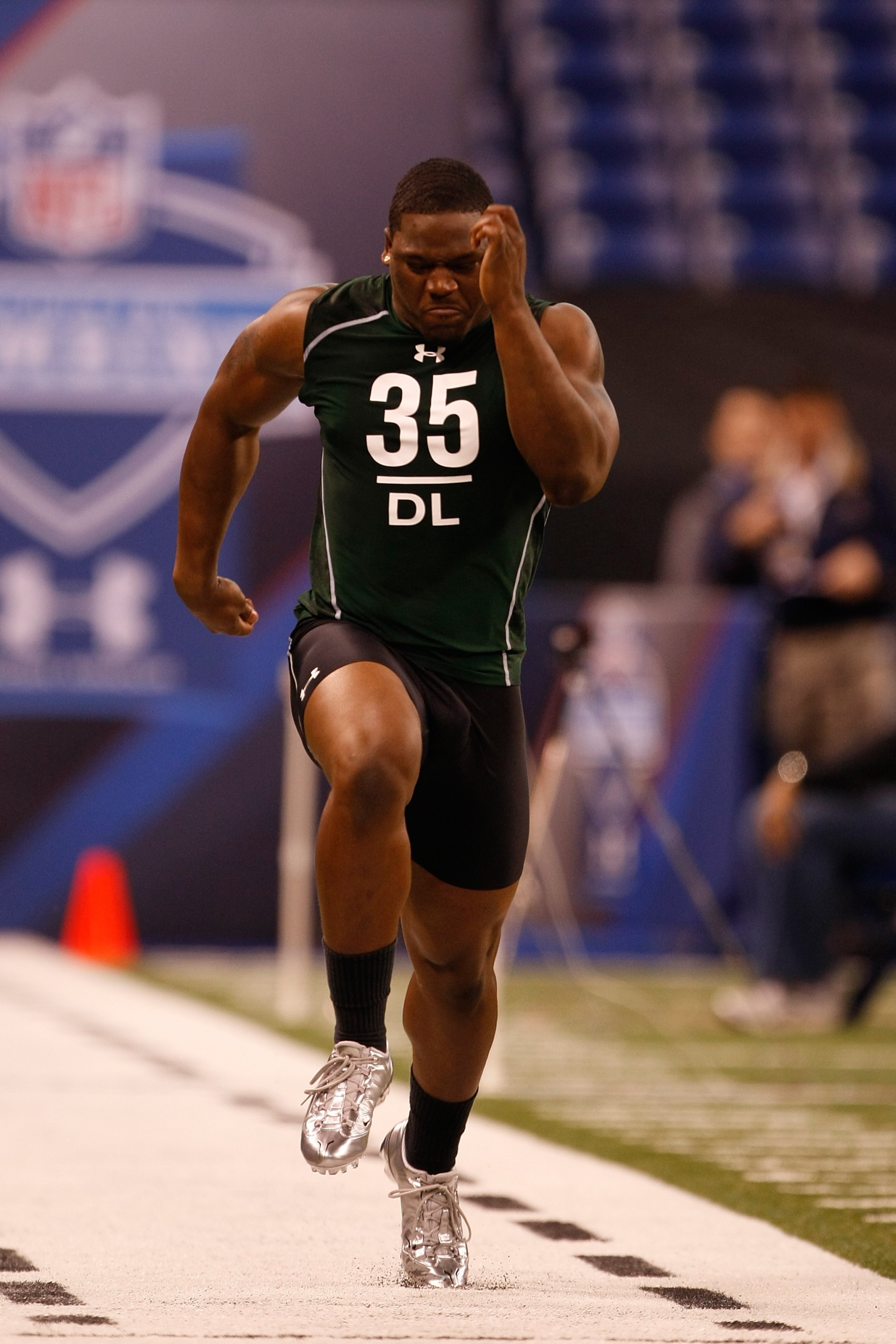 INDIANAPOLIS, IN - MARCH 1: Defensive lineman Arthur Moats of James Madison runs the 40 yard dash during the NFL Scouting Combine presented by Under Armour at Lucas Oil Stadium on March 1, 2010 in Indianapolis, Indiana. (Photo by Scott Boehm/Getty Images)