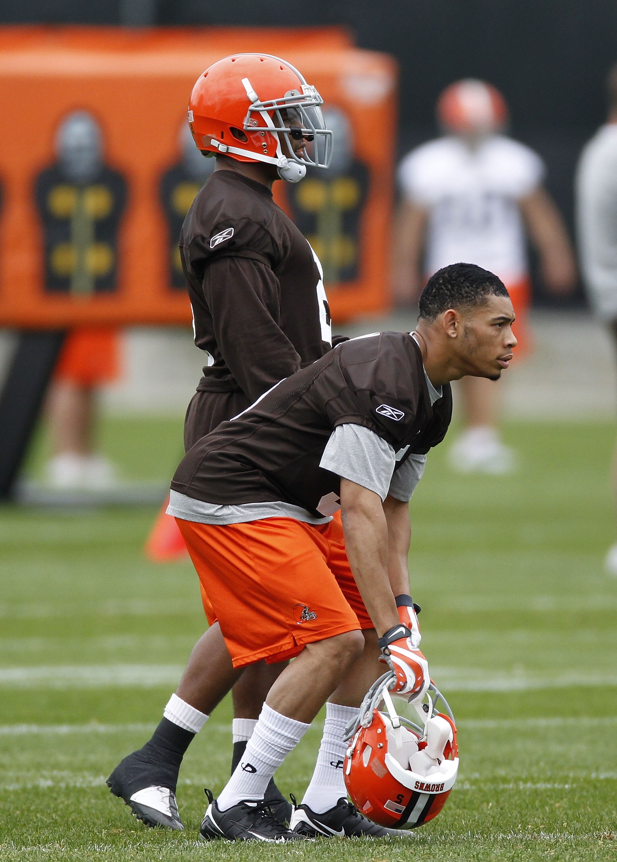 BEREA, OH - MAY 01:  T.J. Ward #2 of the Cleveland Browns talks with Joe Haden #5 during rookie mini camp at the Cleveland Browns Training and Administrative Complex on May 1, 2010 in Berea, Ohio.  (Photo by Gregory Shamus/Getty Images)