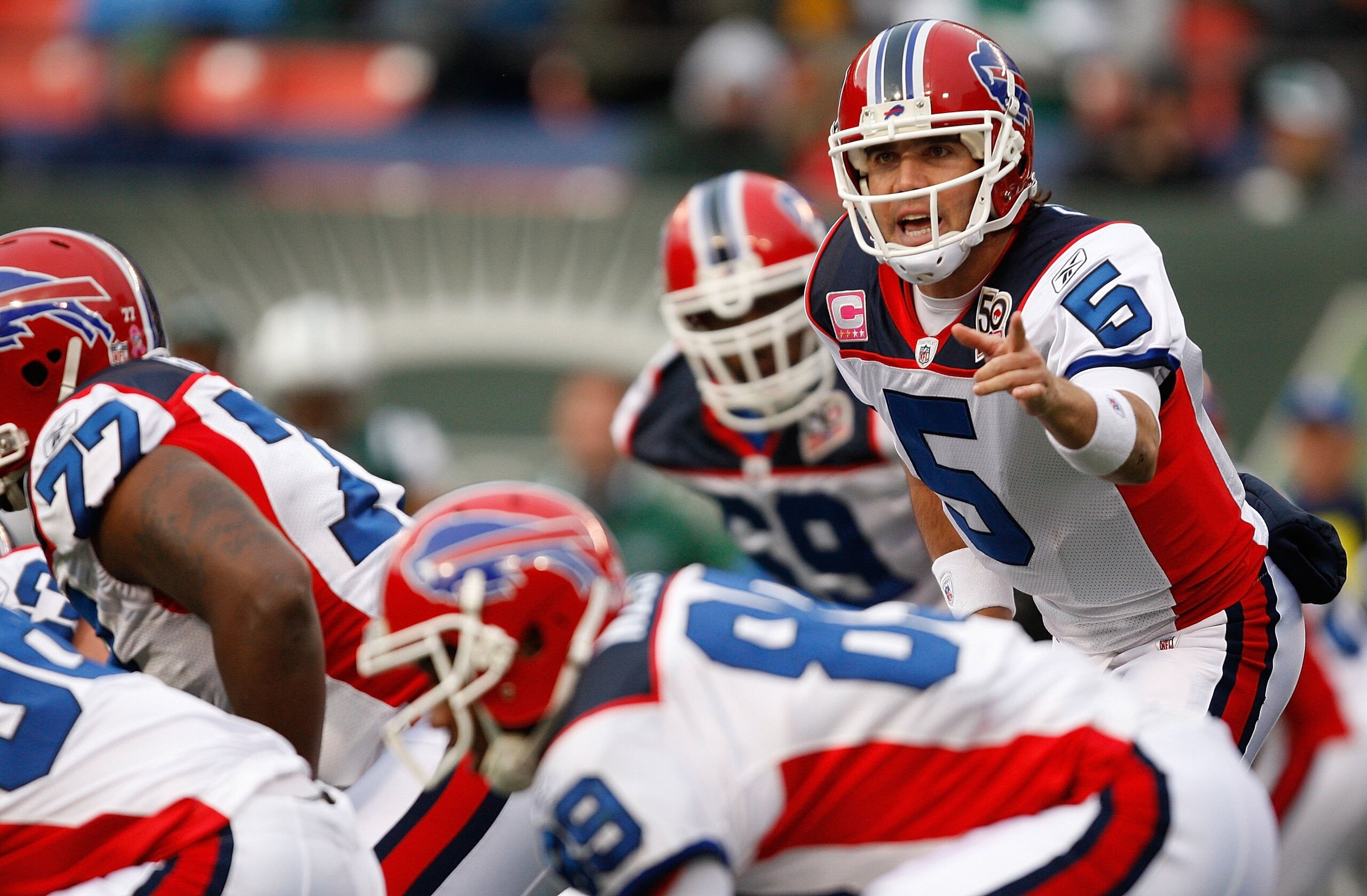 EAST RUTHERFORD, NJ - OCTOBER 18: Trent Edwards #5 of the Buffalo Bills calls out orders against the New York Jets during the game on October 18, 2009 at Giants Stadium in East Rutherford, New Jersey. The Bills defeated the Jets 16-13 in overtime. (Photo 