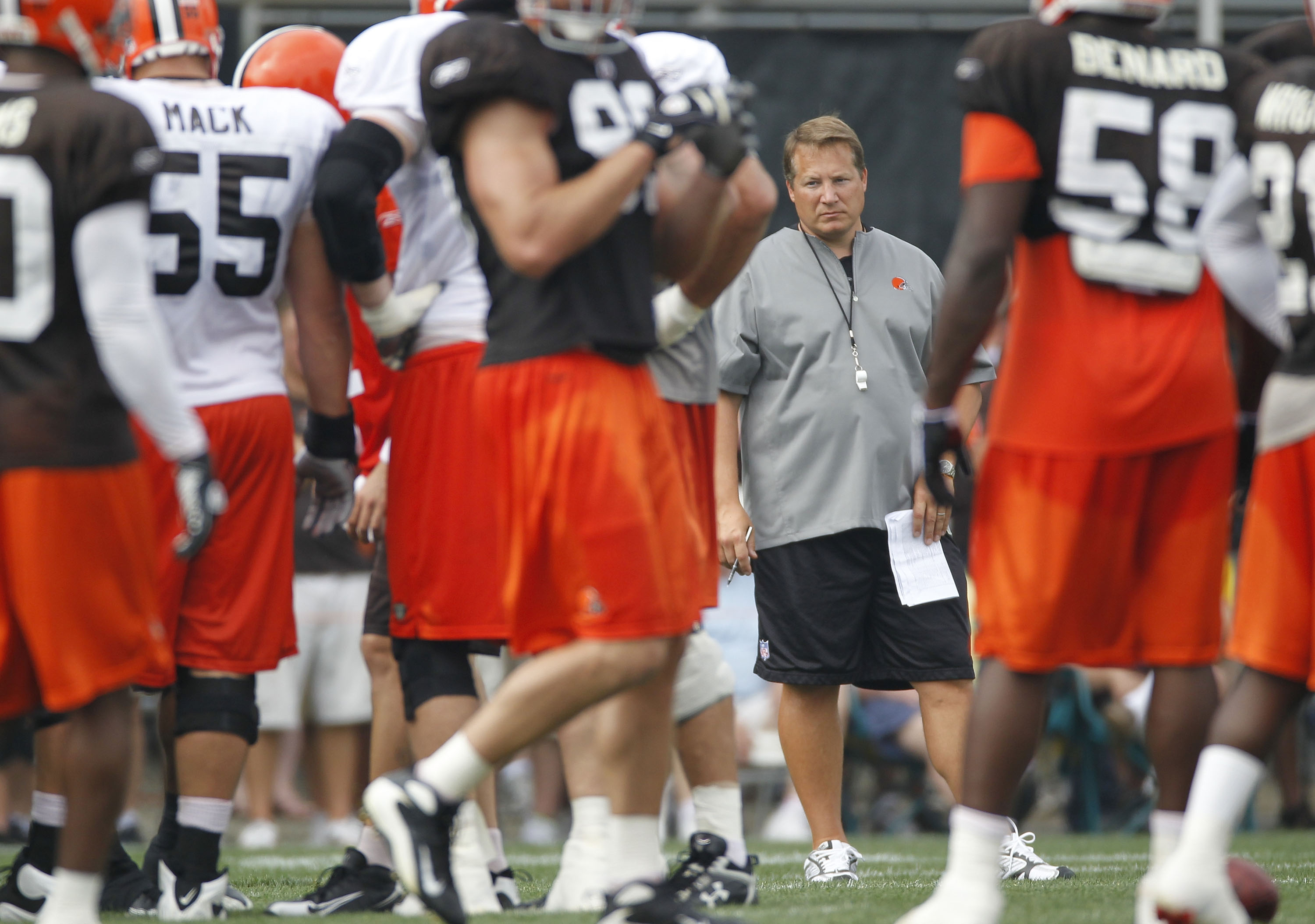 BEREA, OH - AUGUST 04:  Head coach Eric Mangini of the Cleveland Browns looks on during training camp at the Cleveland Browns Training and Administrative Complex on August 4, 2010 in Berea, Ohio.  (Photo by Gregory Shamus/Getty Images)