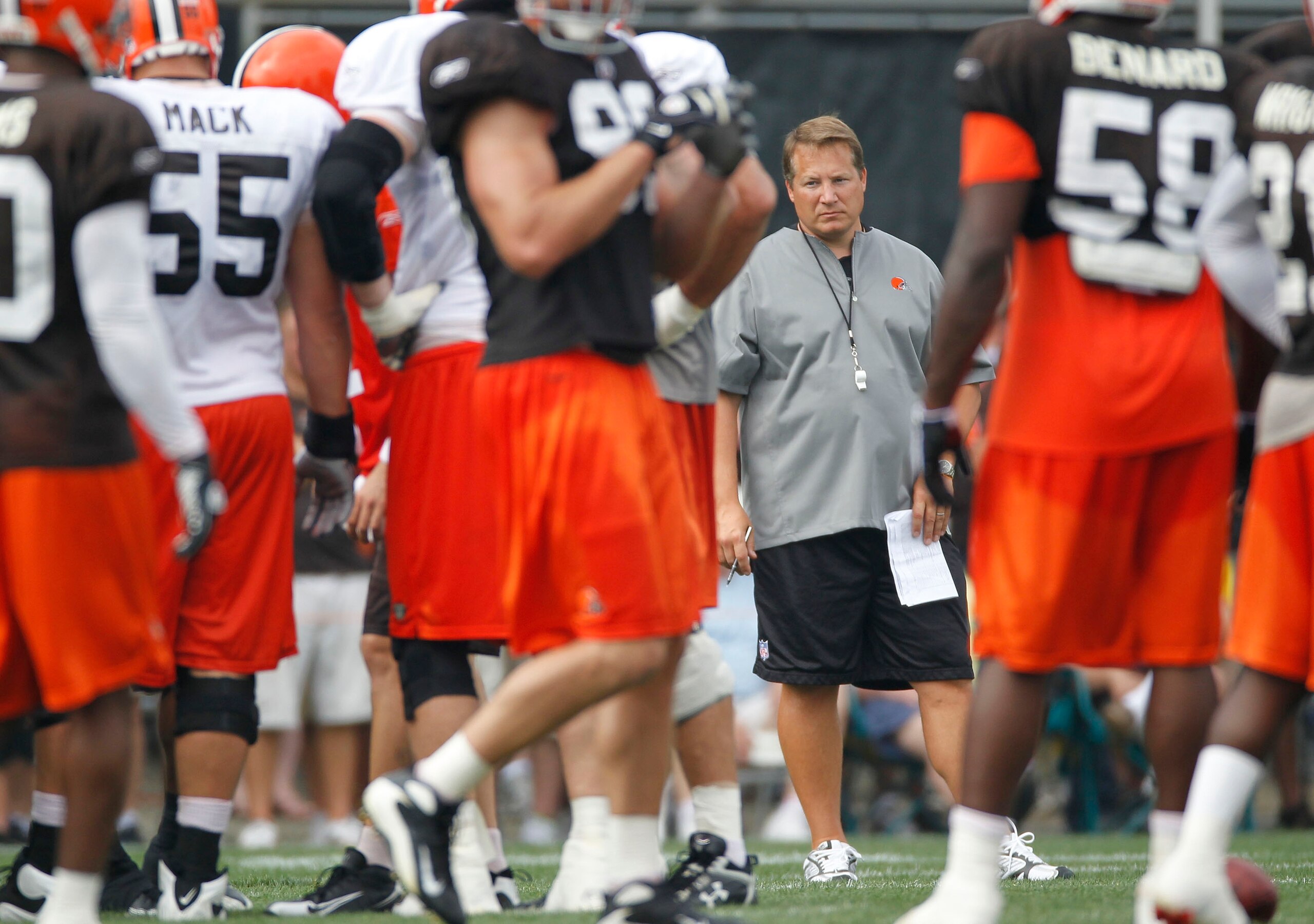 BEREA, OH - AUGUST 04: Head coach Eric Mangini of the Cleveland Browns looks on during training camp at the Cleveland Browns Training and Administrative Complex on August 4, 2010 in Berea, Ohio. (Photo by Gregory Shamus/Getty Images) BEREA, OH - AUGUST 04: Head coach Eric Mangini of the Cleveland Browns looks on during training camp at the Cleveland Browns Training and Administrative Complex on August 4, 2010 in Berea, Ohio. (Photo by Gregory Shamus/Getty Images)