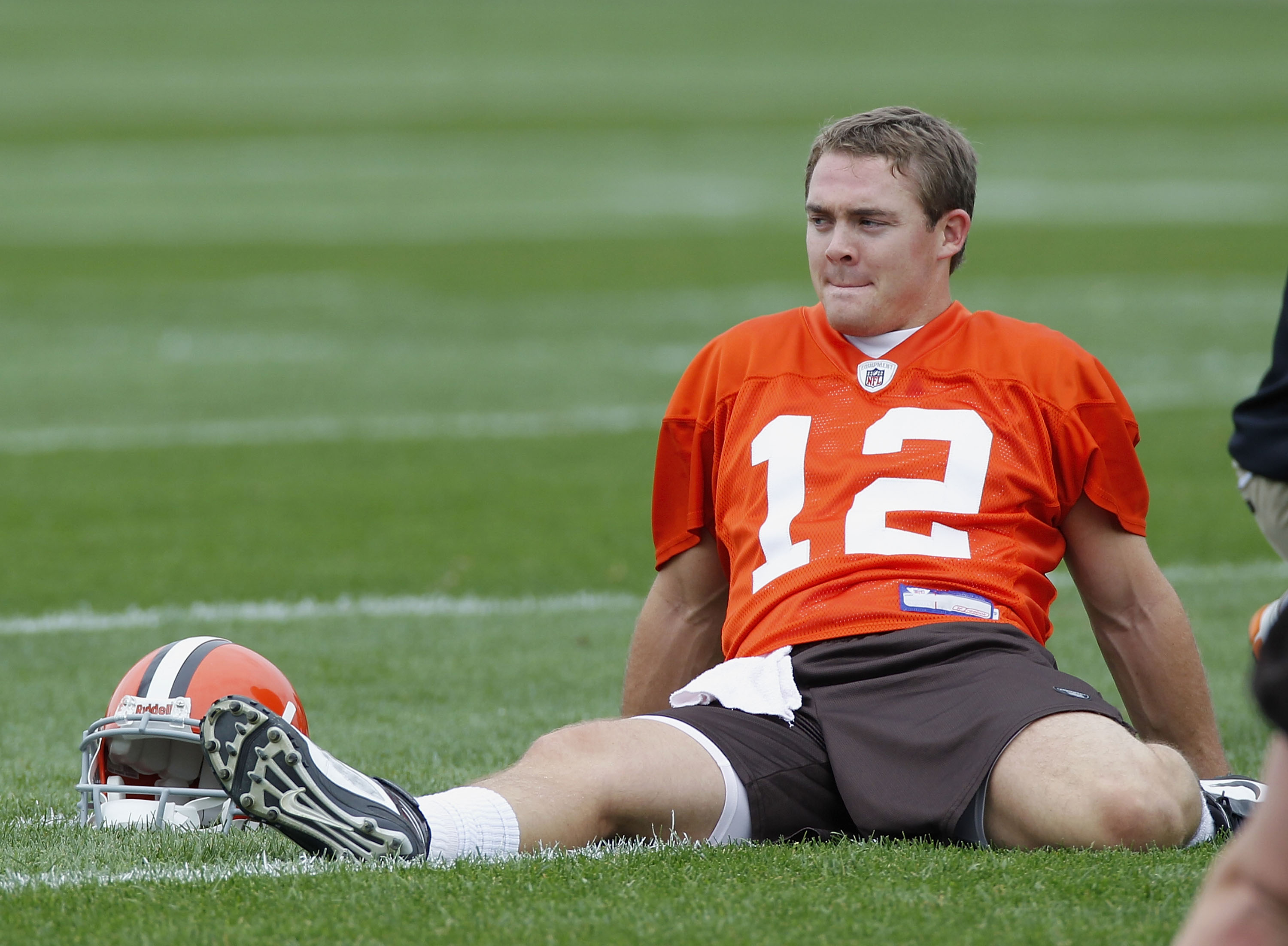 BEREA, OH - MAY 01:  Colt McCoy #12 of the Cleveland Browns stretches during rookie mini camp at the Cleveland Browns Training and Administrative Complex on May 1, 2010 in Berea, Ohio.  (Photo by Gregory Shamus/Getty Images)