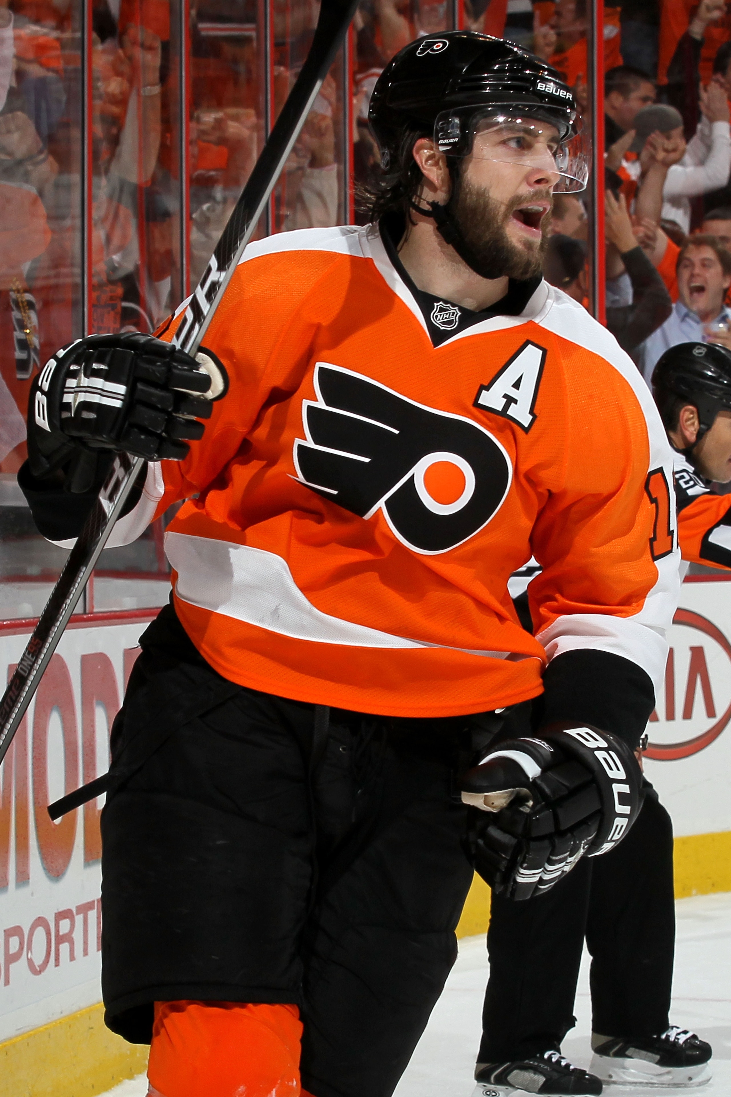 PHILADELPHIA - MAY 18:  Simon Gagne #12 of the Philadelphia Flyers celebrates after scoring a goal in the second period against the Montreal Canadiens in Game 2 of the Eastern Conference Finals during the 2010 NHL Stanley Cup Playoffs at Wachovia Center o
