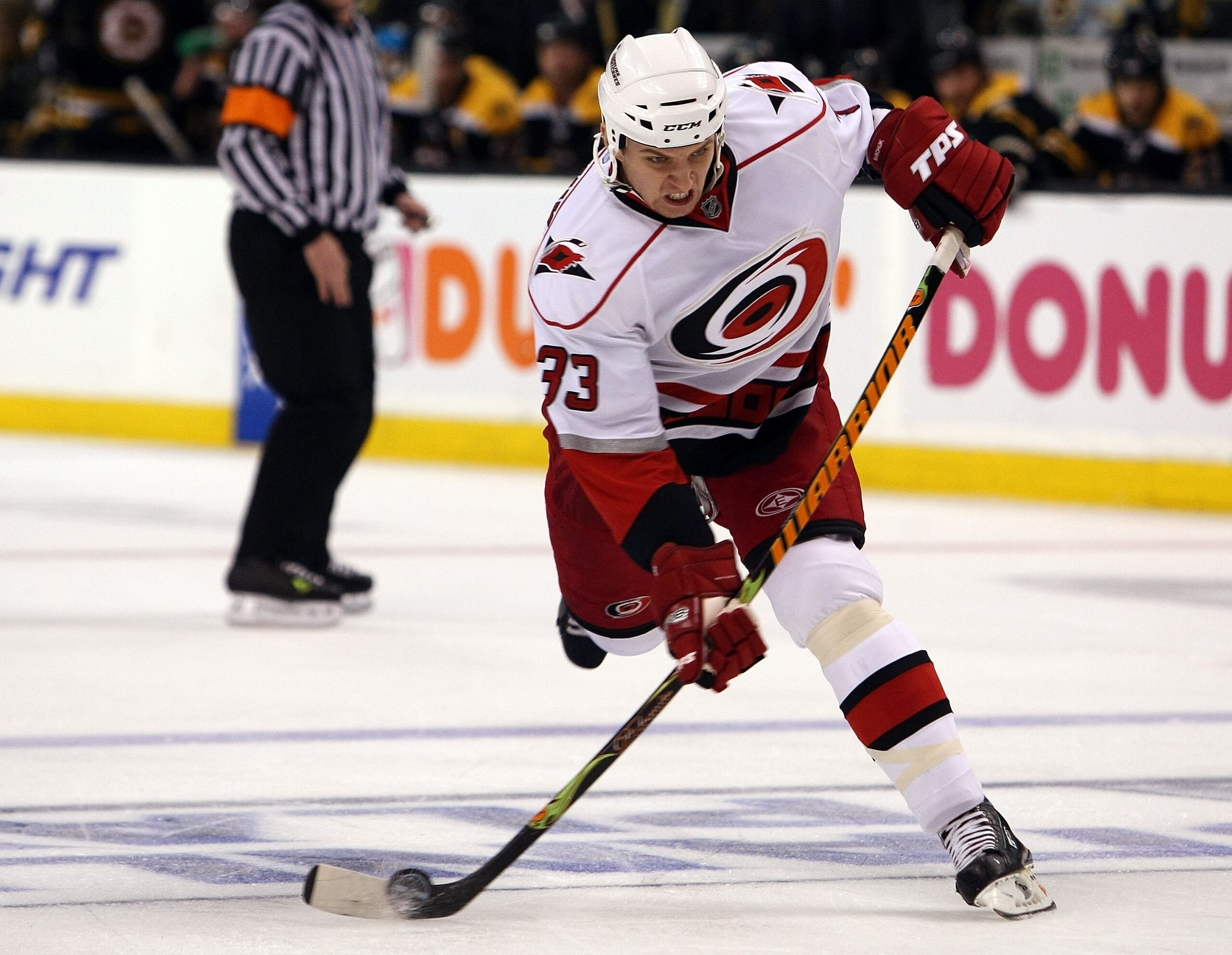 BOSTON - MAY 03:  Anton Babchuk #33 of the Carolina Hurricanes takes a shot in the second period against the Boston Bruins during Game Two of the Eastern Conference Semifinal Round of the 2009 Stanley Cup Playoffs on May 3, 2009 at the TD Banknorth Garden