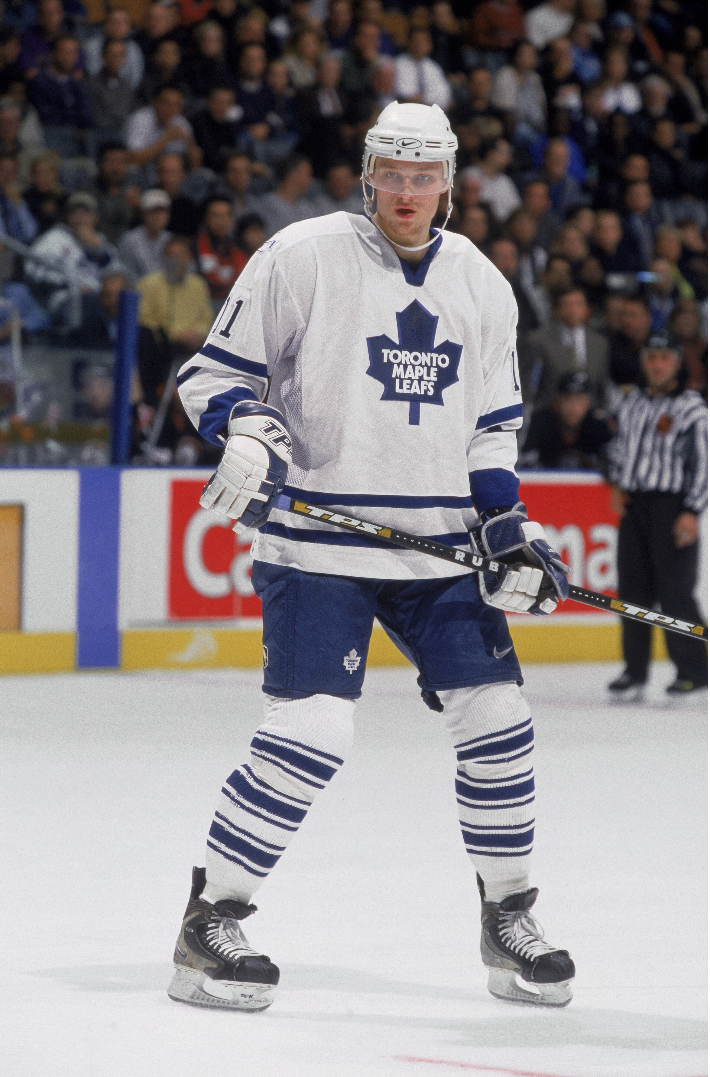 27 Sep 2001:  Nik Antropov #11 of the Toronto Maple Leafs watches the action during the game against the Buffalo Sabres at the Air Canda Centre in Toronto, Ontario, Canada. The Maple Leafs defeated the Sabres 3-1.Mandatory Credit: Dave Sandford  /Allsport