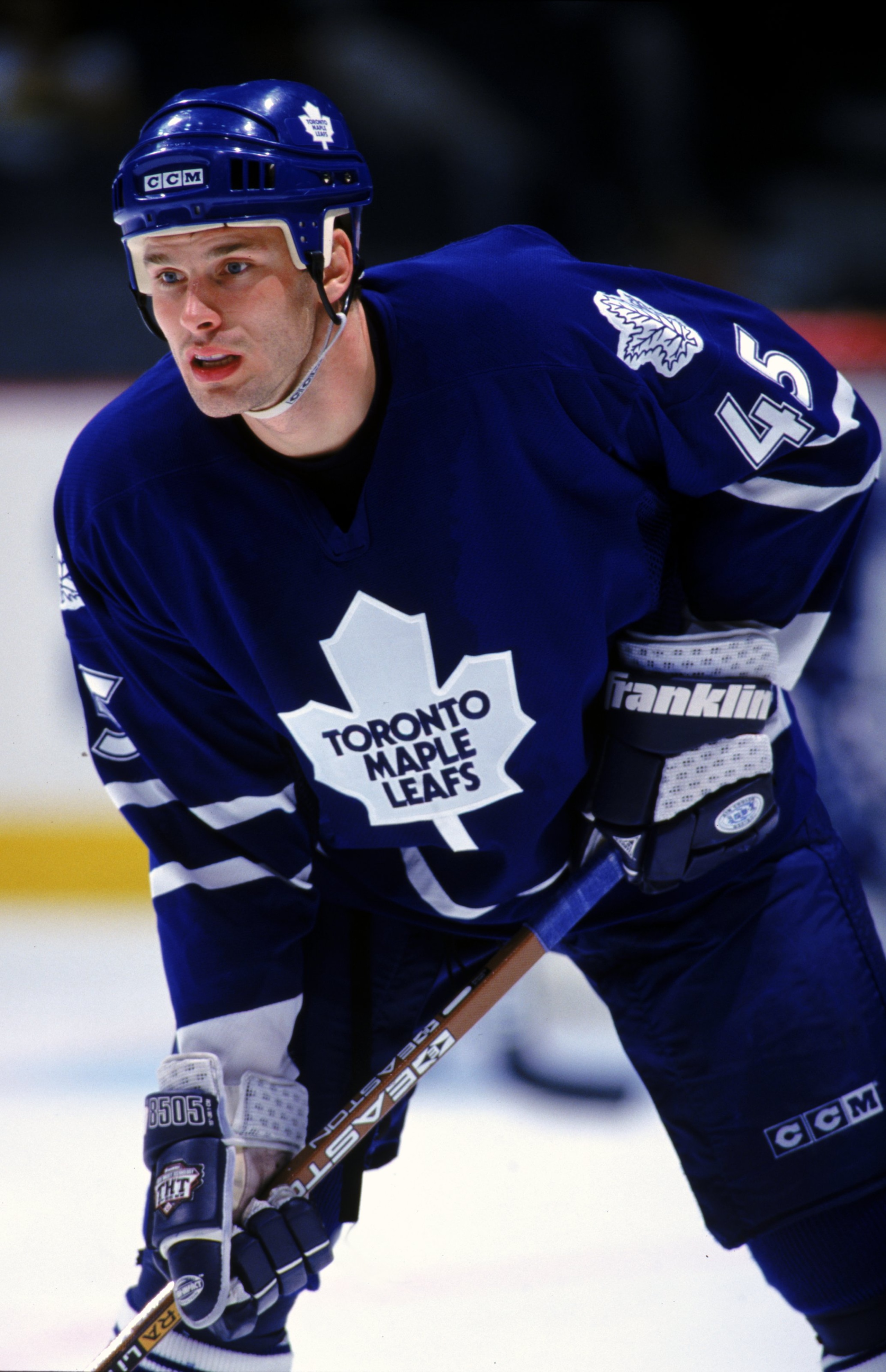 15 Sep 1999: Marek Posmyk #45 of the Toranto Maple Leafs looks on during the game against the Calgary Flames at the Canadian Airlines Saddledome in Calgary, Canada. The Flames defeated the Maple Leafs 4-2. Mandatory Credit: Ian Tomlinson  /Allsport