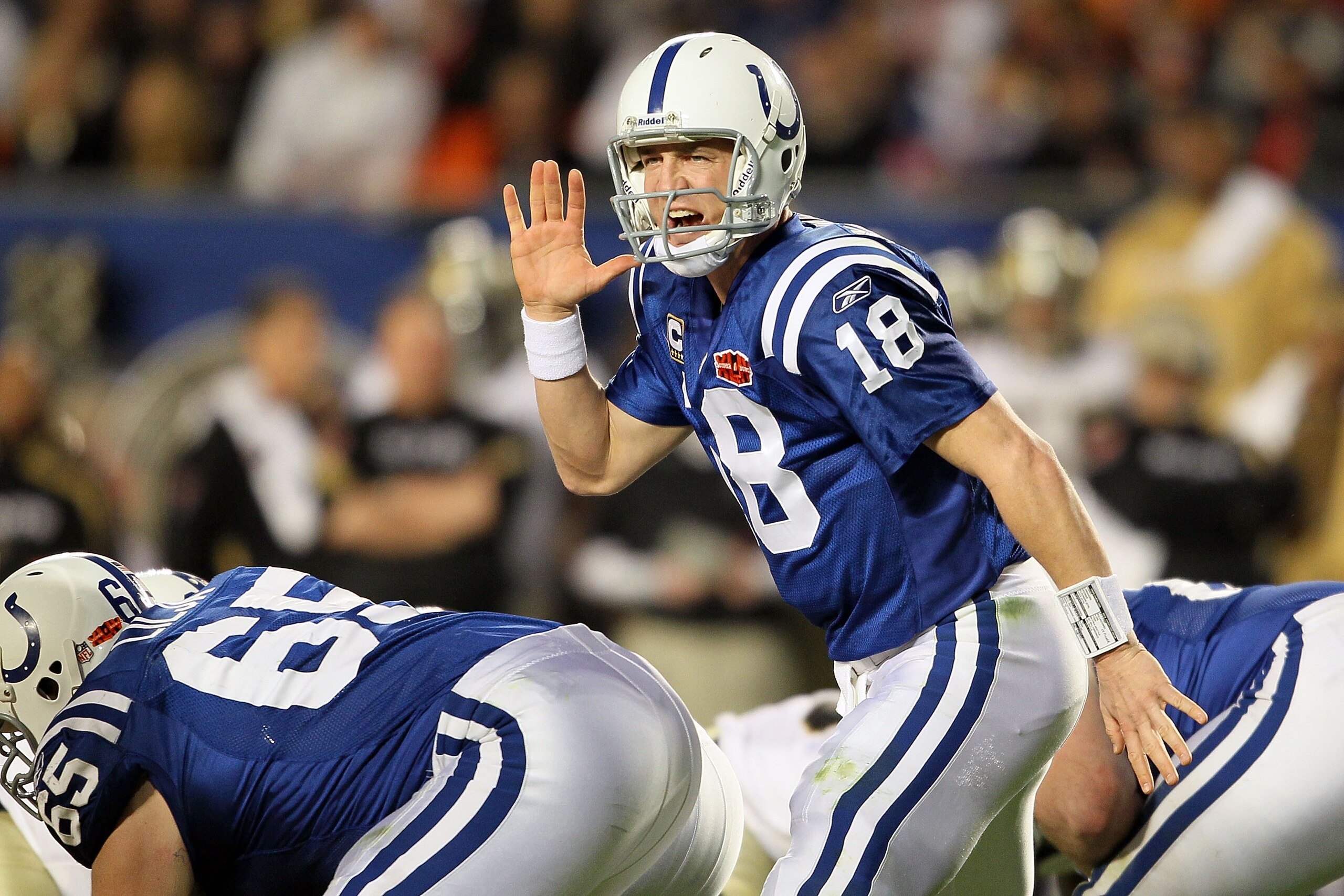 MIAMI GARDENS, FL - FEBRUARY 07: Peyton Manning #18 of the Indianapolis Colts signals under center against the New Orleans Saints during Super Bowl XLIV on February 7, 2010 at Sun Life Stadium in Miami Gardens, Florida. (Photo by Andy Lyons/Getty Images) MIAMI GARDENS, FL - FEBRUARY 07: Peyton Manning #18 of the Indianapolis Colts signals under center against the New Orleans Saints during Super Bowl XLIV on February 7, 2010 at Sun Life Stadium in Miami Gardens, Florida. (Photo by Andy Lyons/Getty Images)
